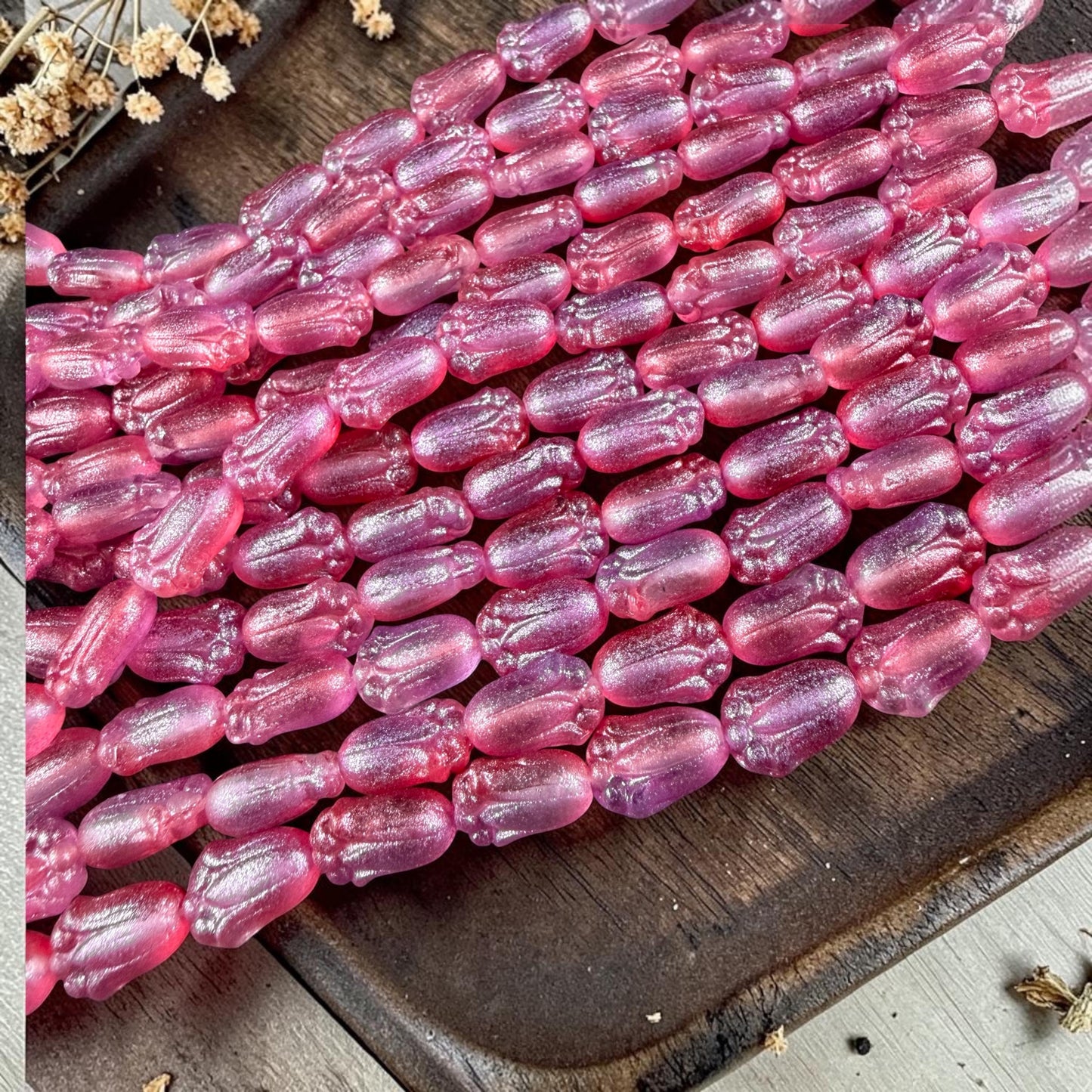 Czech Glass Beads - 12x8mm Lily Bud Flower, Fuchsia with Blue Lilac Shimmer (LBud57) * Qty. 12
