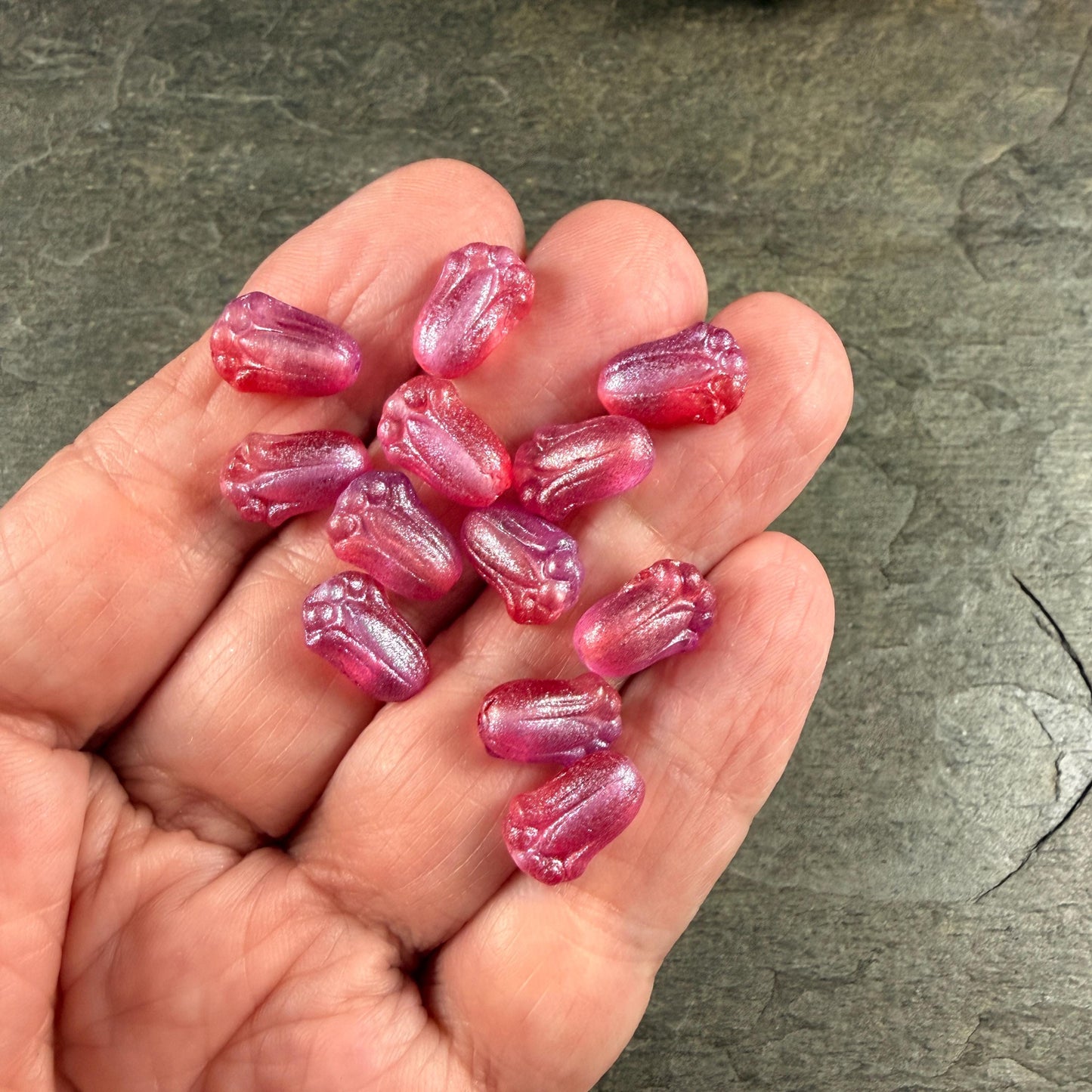 Czech Glass Beads - 12x8mm Lily Bud Flower, Fuchsia with Blue Lilac Shimmer (LBud57) * Qty. 12