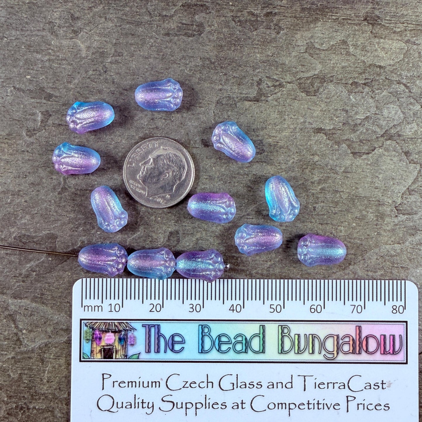 Czech Glass Beads - 12x8mm Lily Bud Flower, Aqua and Lilac Shimmer (LBud56) * Qty. 12