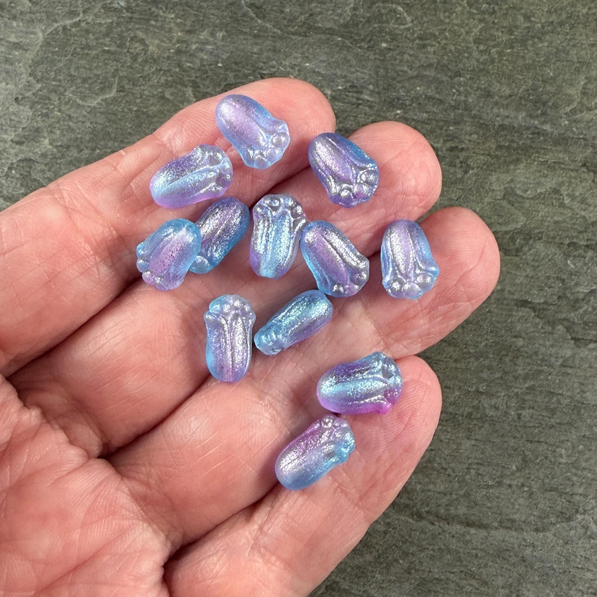 Czech Glass Beads - 12x8mm Lily Bud Flower, Aqua and Lilac Shimmer (LBud56) * Qty. 12
