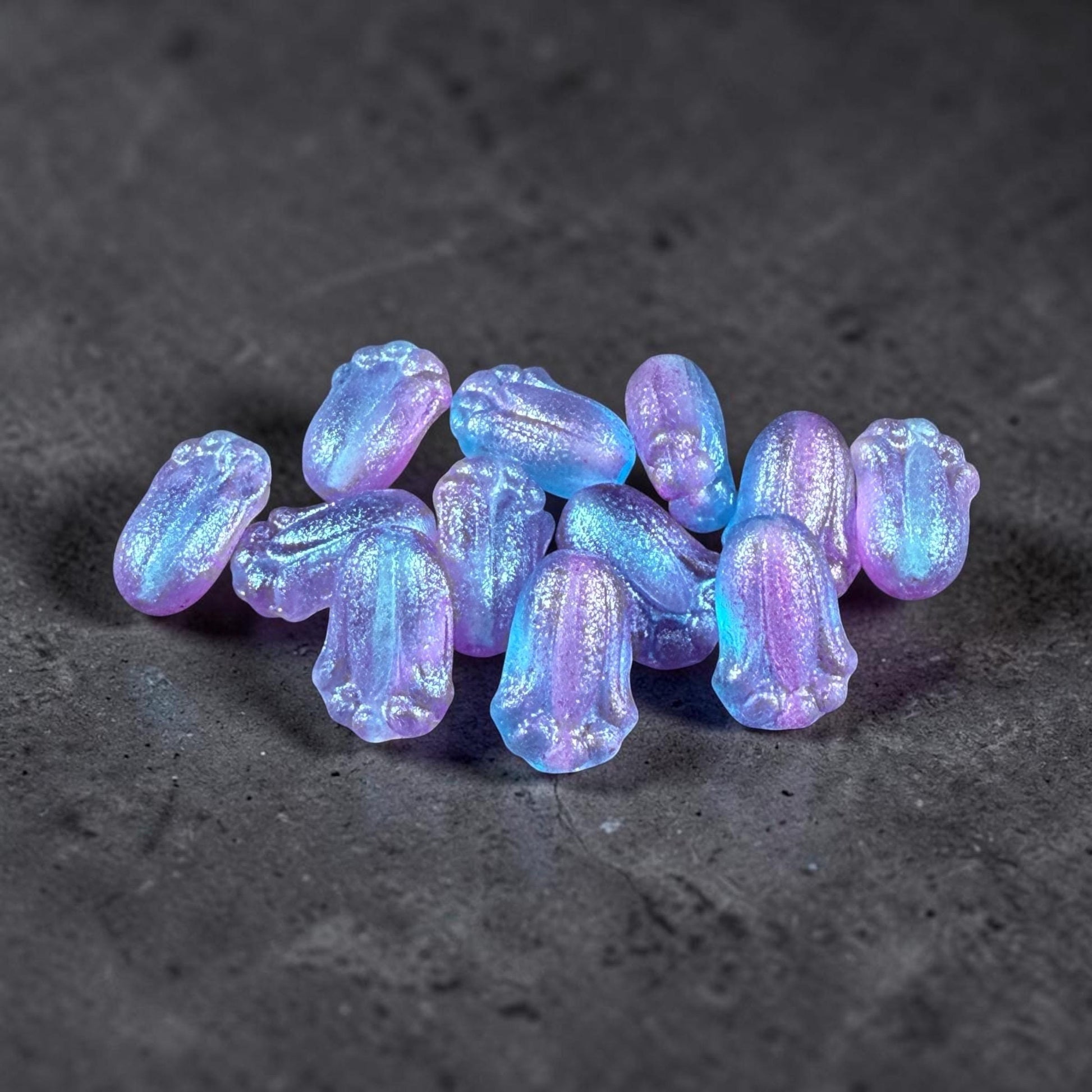 Czech Glass Beads - 12x8mm Lily Bud Flower, Aqua and Lilac Shimmer (LBud56) * Qty. 12