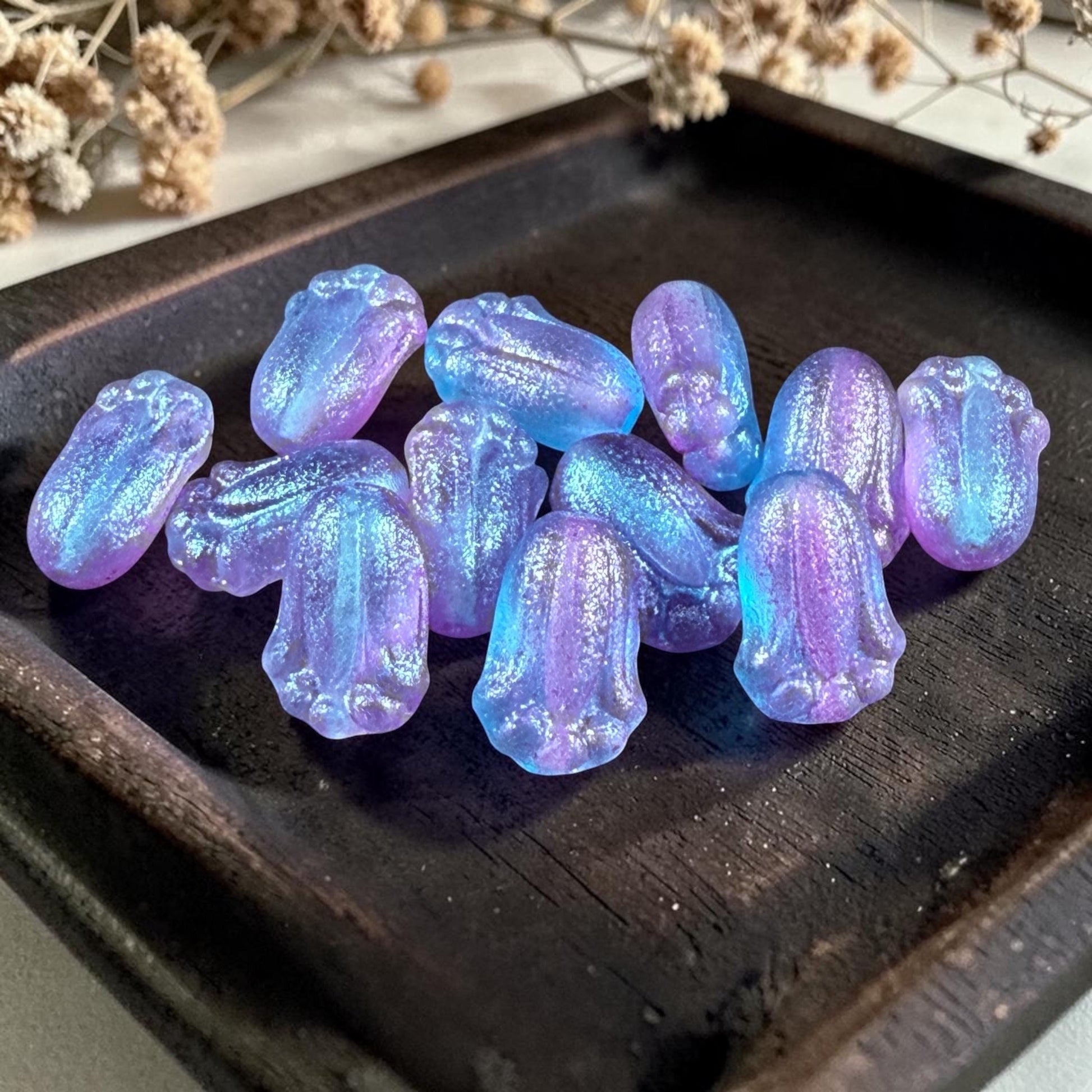 Czech Glass Beads - 12x8mm Lily Bud Flower, Aqua and Lilac Shimmer (LBud56) * Qty. 12