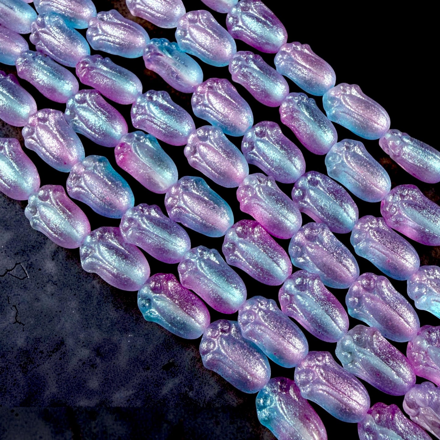 Czech Glass Beads - 12x8mm Lily Bud Flower, Aqua and Lilac Shimmer (LBud56) * Qty. 12