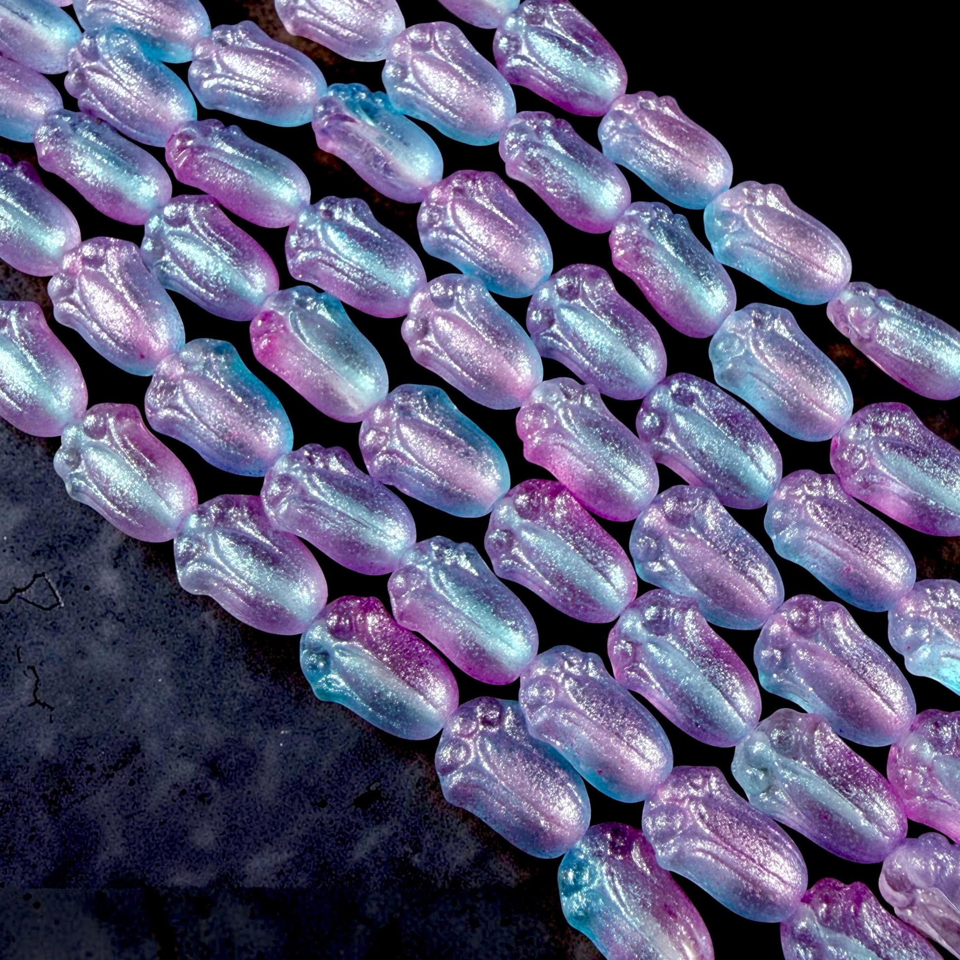 Czech Glass Beads - 12x8mm Lily Bud Flower, Aqua and Lilac Shimmer (LBud56) * Qty. 12