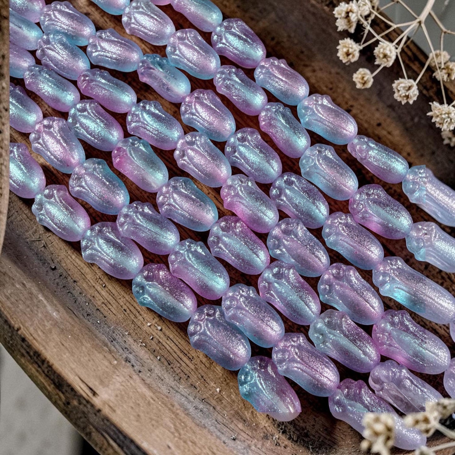 Czech Glass Beads - 12x8mm Lily Bud Flower, Aqua and Lilac Shimmer (LBud56) * Qty. 12