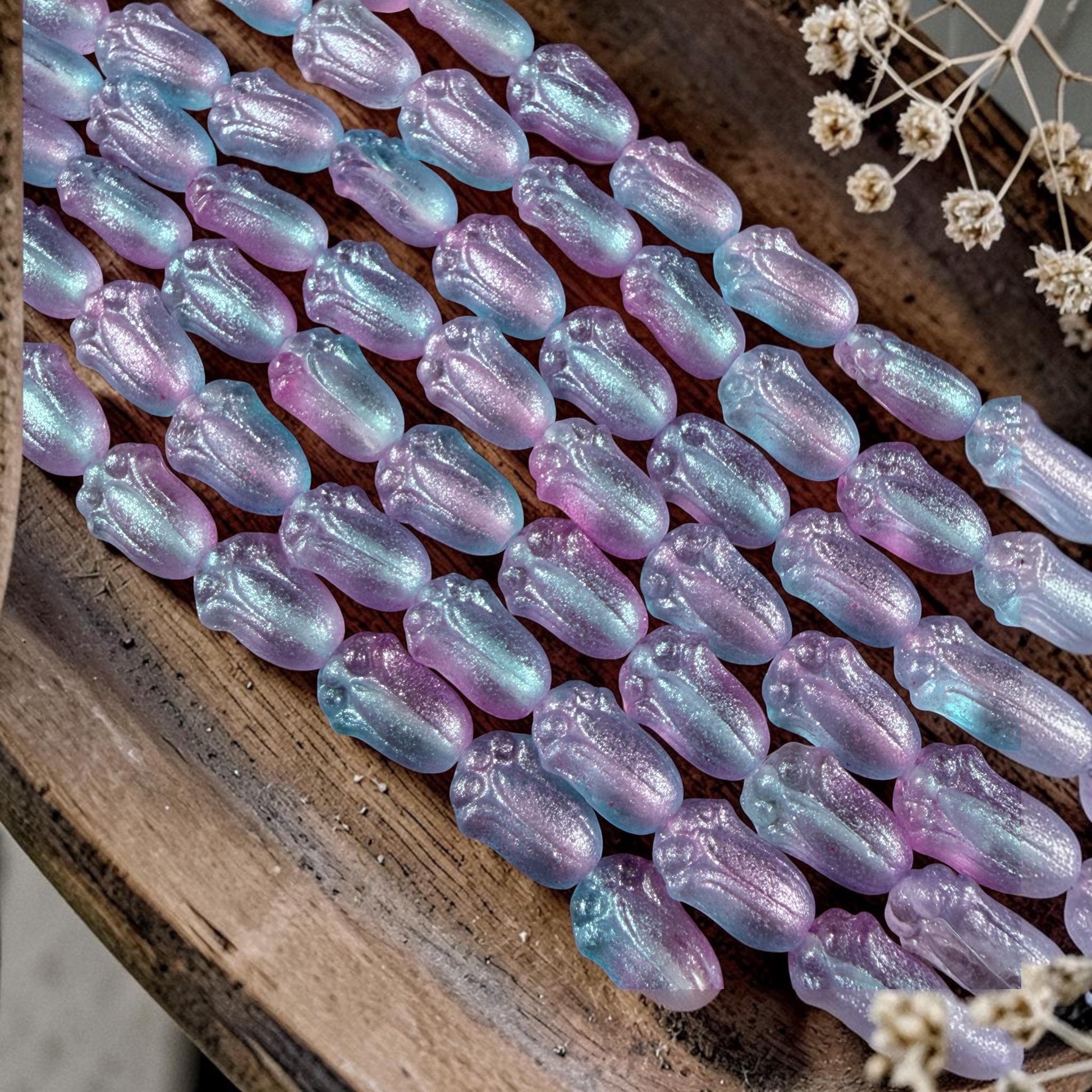 Czech Glass Beads - 12x8mm Lily Bud Flower, Aqua and Lilac Shimmer (LBud56) * Qty. 12