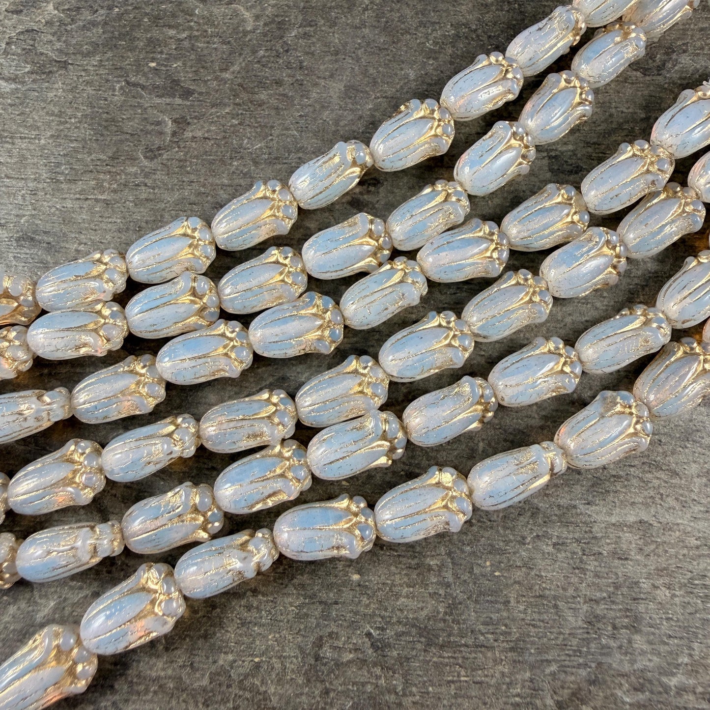 Czech Glass Beads - 12x8mm Lily Bud Flower, White Opaline with Gold Wash (LBud58) * Qty. 12