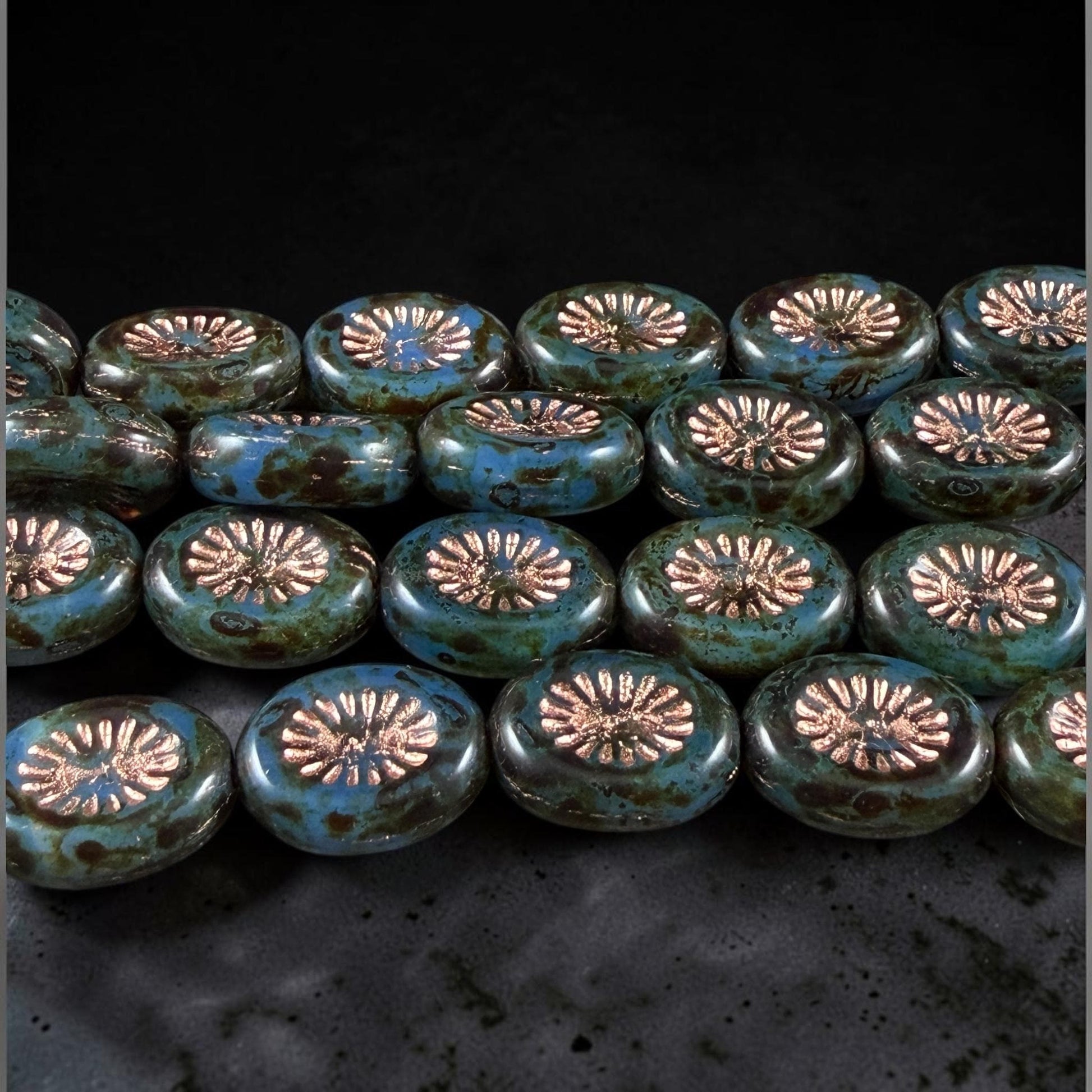 Czech Glass Beads - 14x10mm Oval Kiwi, Slate Blue Picasso with Copper Wash (POKW1) * Qty. 8