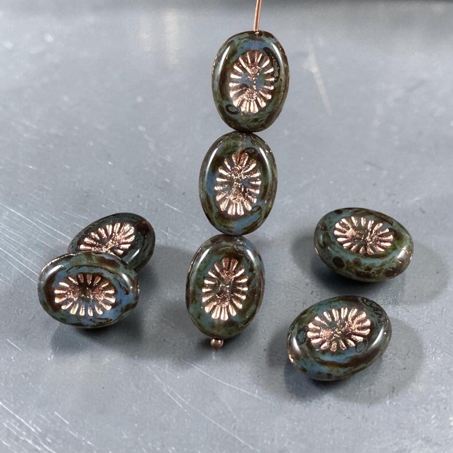 Czech Glass Beads - 14x10mm Oval Kiwi, Slate Blue Picasso with Copper Wash (POKW1) * Qty. 8