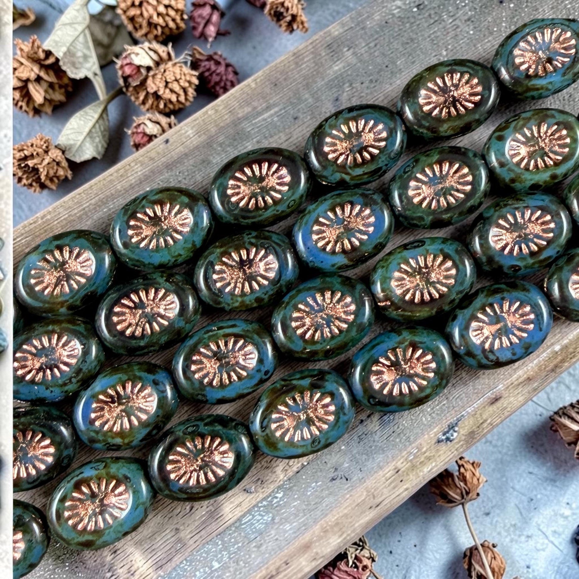 Czech Glass Beads - 14x10mm Oval Kiwi, Slate Blue Picasso with Copper Wash (POKW1) * Qty. 8