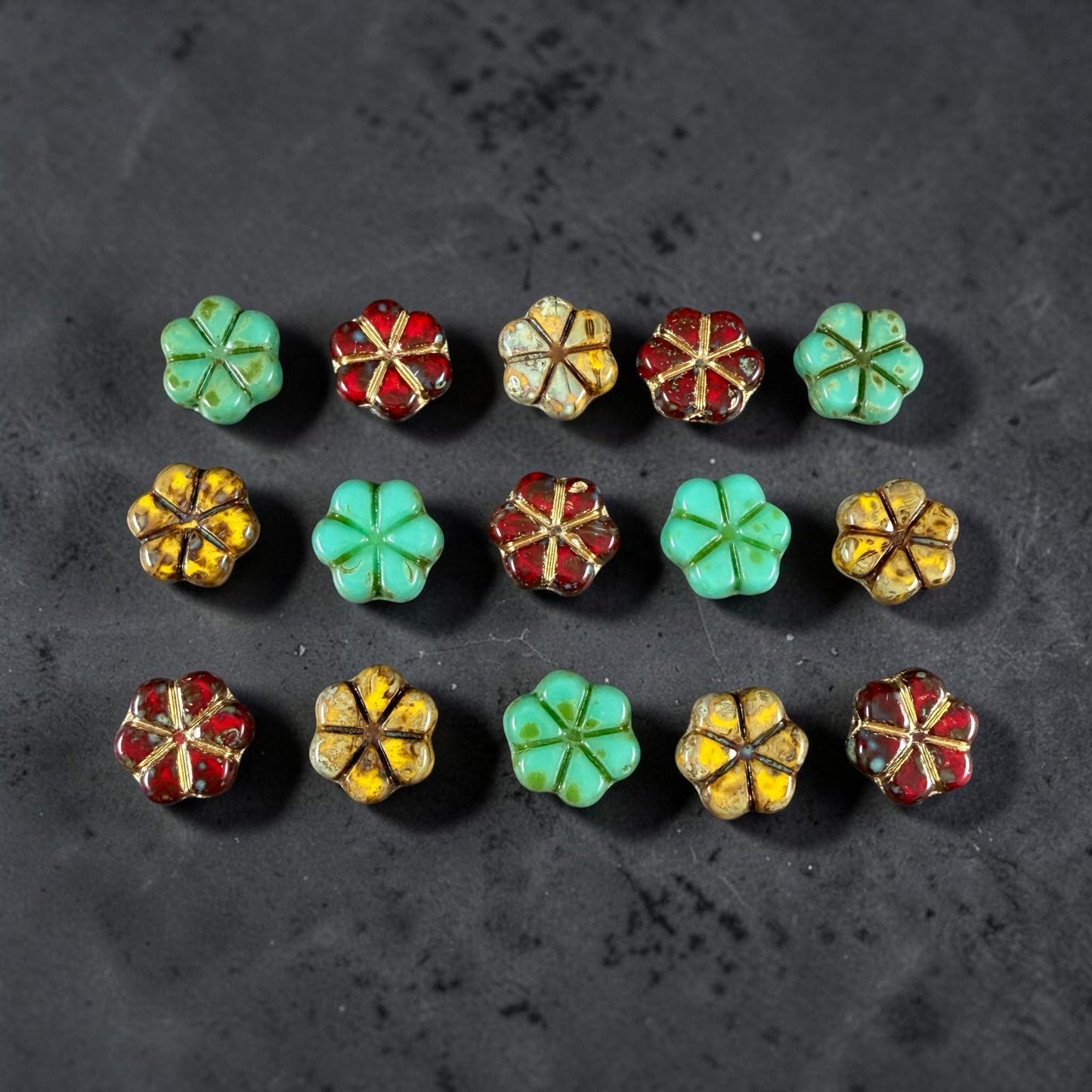 Czech Picasso Beads - 10mm Flower Coin, Turquoise, Red and Yellow Mix (PFMN-4) * 15 Beads