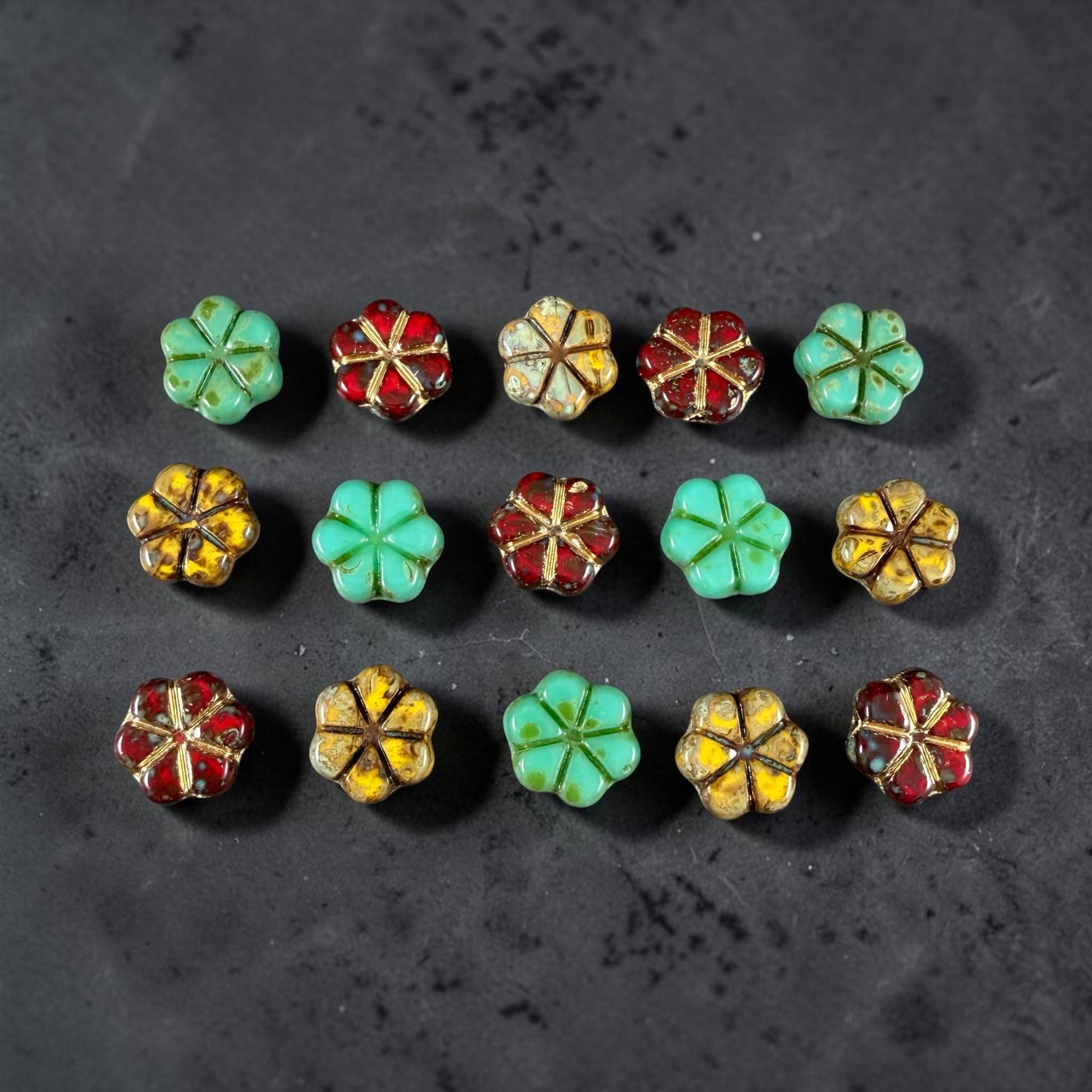 Czech Picasso Beads - 10mm Flower Coin, Turquoise, Red and Yellow Mix (PFMN-4) * 15 Beads
