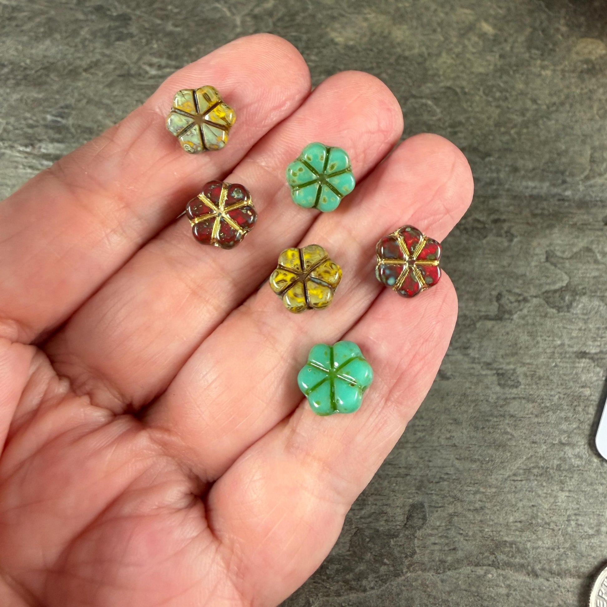 Czech Picasso Beads - 10mm Flower Coin, Turquoise, Red and Yellow Mix (PFMN-4) * 15 Beads