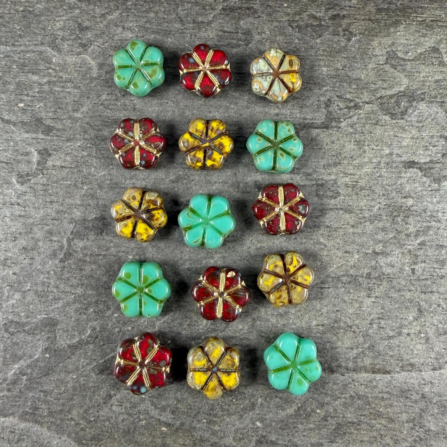 Czech Picasso Beads - 10mm Flower Coin, Turquoise, Red and Yellow Mix (PFMN-4) * 15 Beads