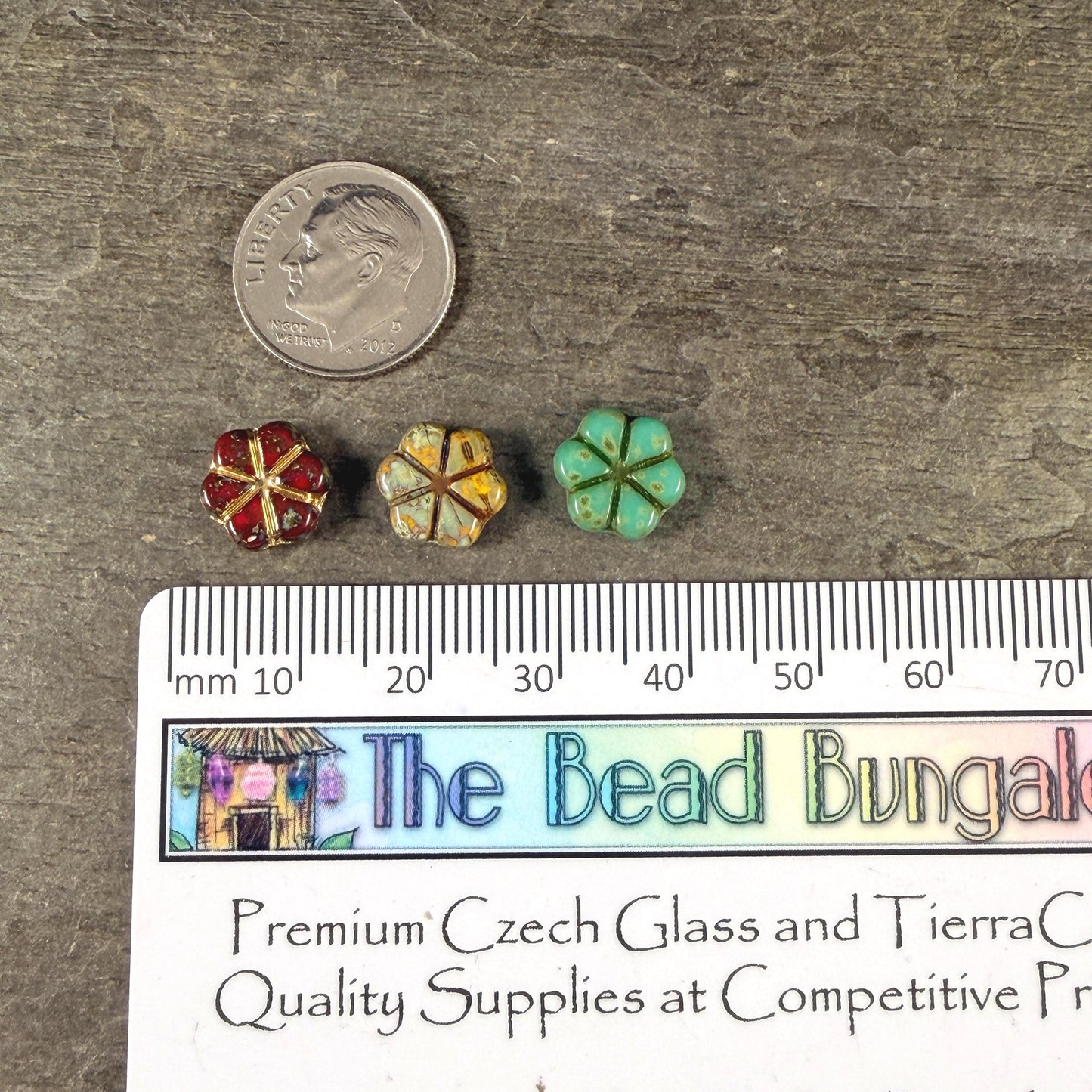 Czech Picasso Beads - 10mm Flower Coin, Turquoise, Red and Yellow Mix (PFMN-4) * 15 Beads