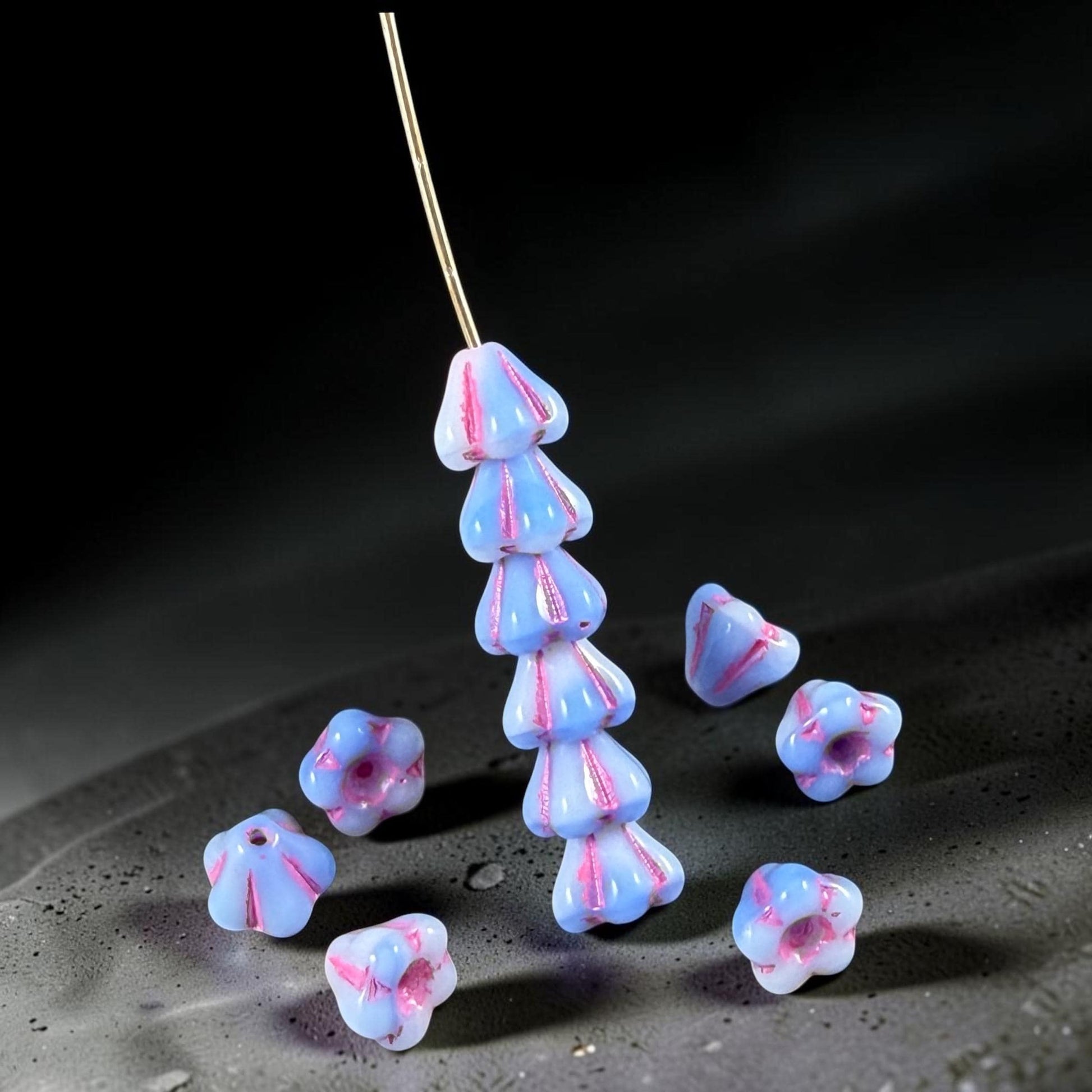 Czech Glass Beads - 6x4mm Bell Flower, Periwinkle and White with Pink Wash (BFlo21) * 30 Beads