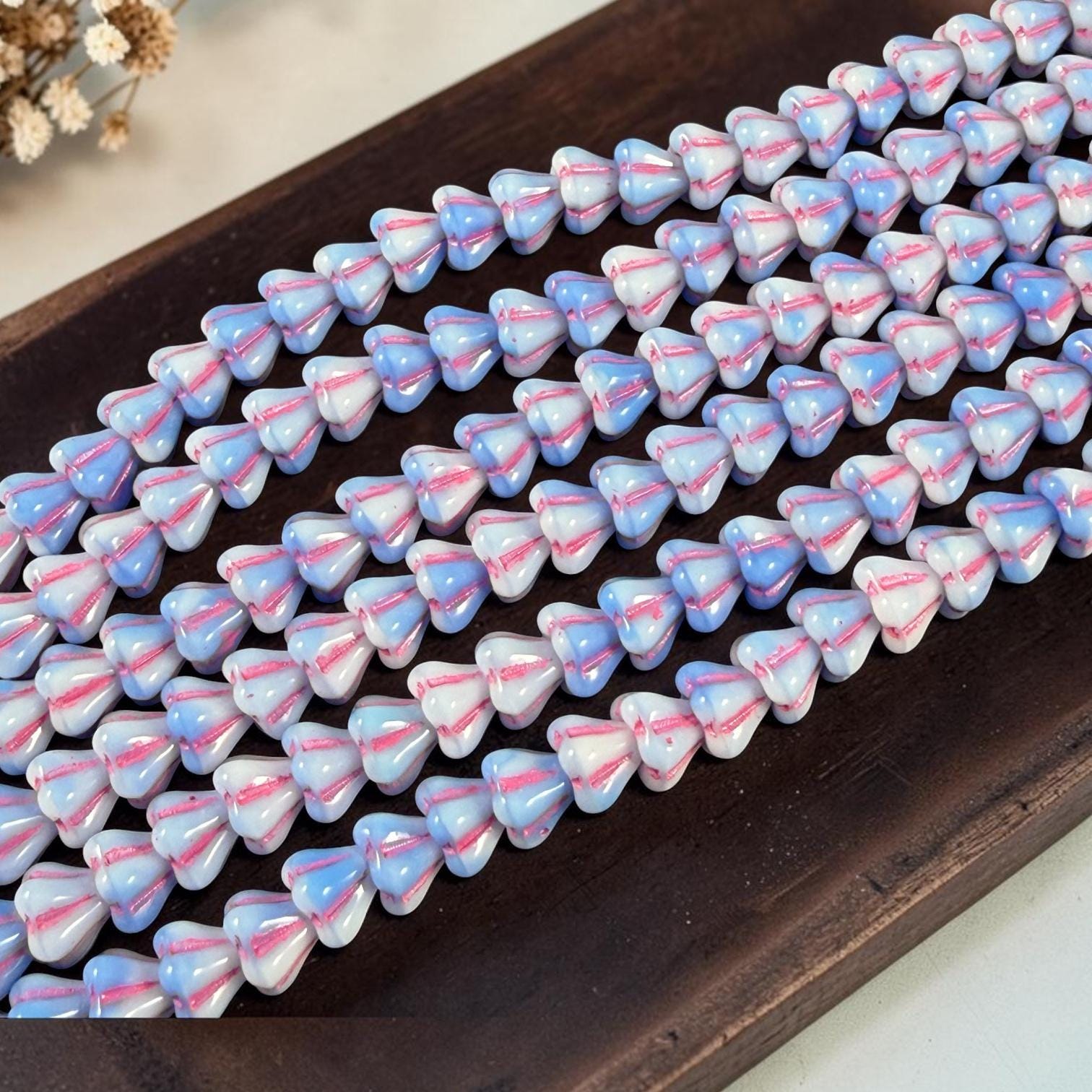 Czech Glass Beads - 6x4mm Bell Flower, Periwinkle and White with Pink Wash (BFlo21) * 30 Beads
