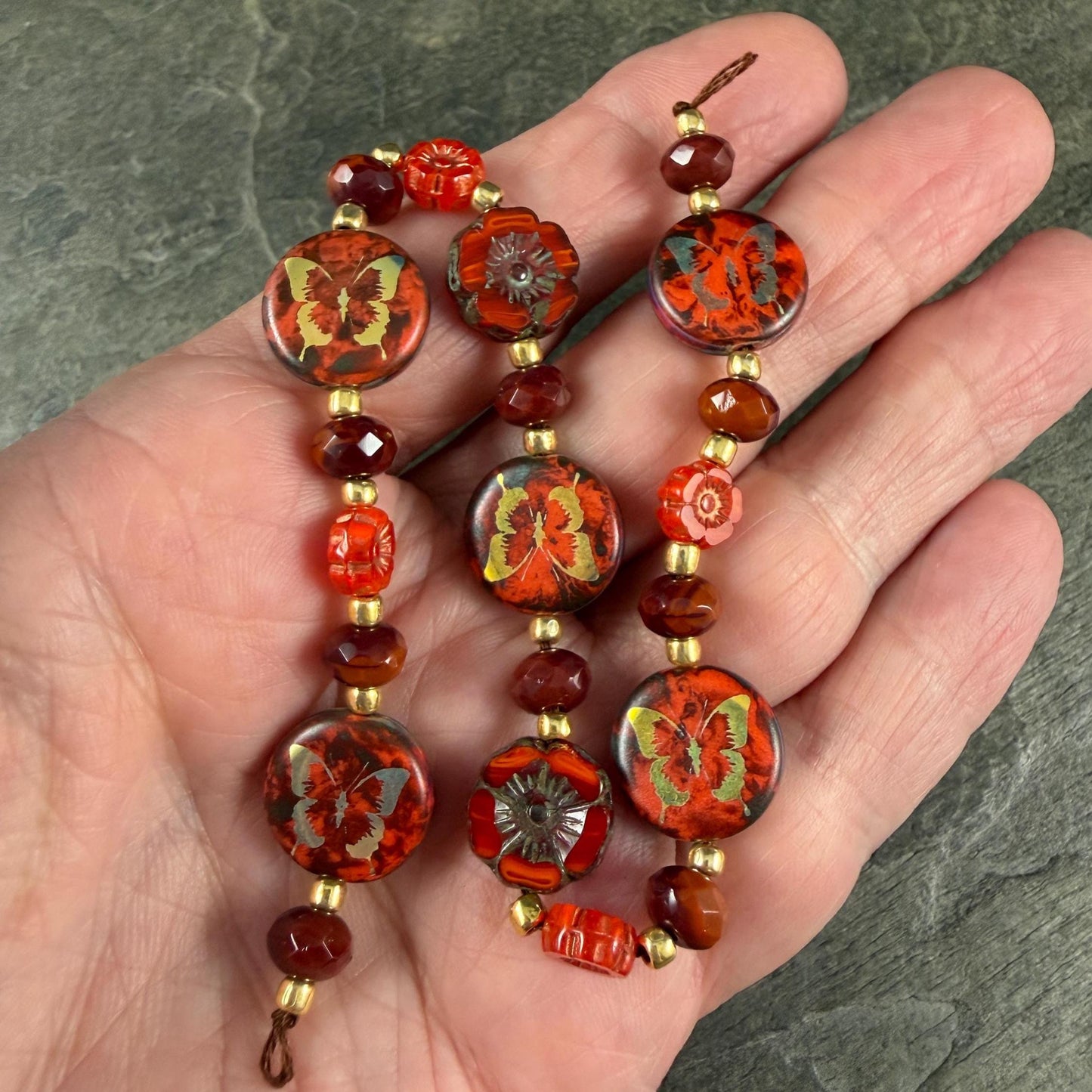 Orange, Gold and Dark Red Czech Glass Butterfly Beads - (DZ-526.11) * 9" Strand