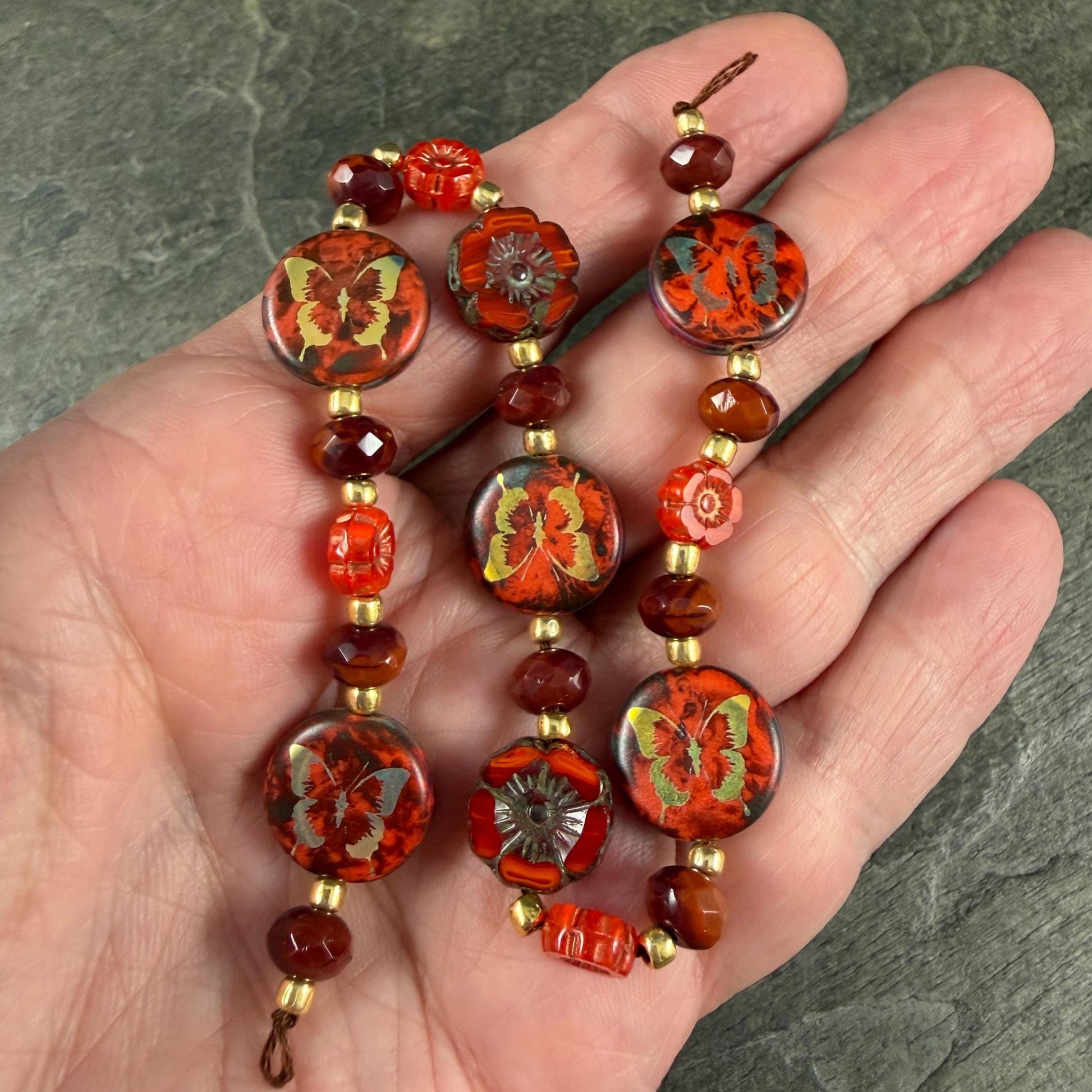 Orange, Gold and Dark Red Czech Glass Butterfly Beads - (DZ-526.11) * 9" Strand