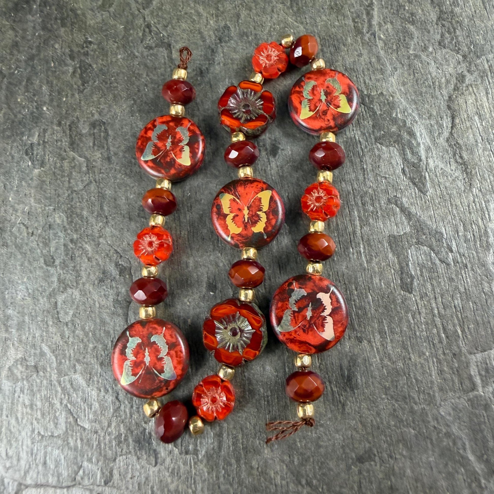 Orange, Gold and Dark Red Czech Glass Butterfly Beads - (DZ-526.11) * 9" Strand