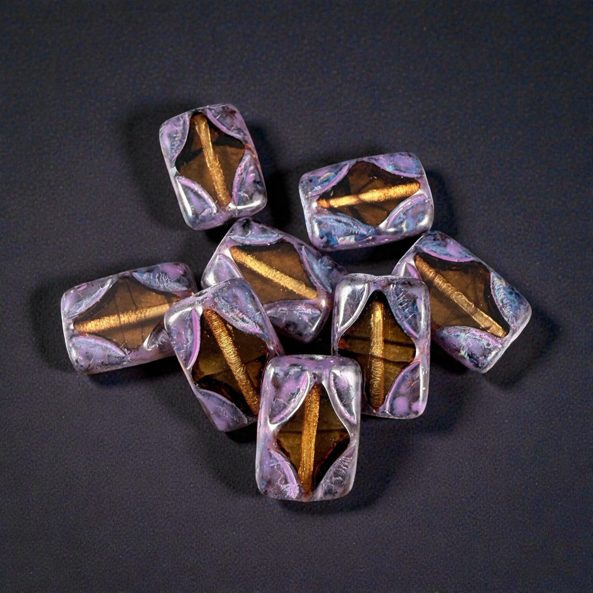 Czech Beads - 12x8mm Table-Cut Rectangle, Transparent Topaz with Purple Wash (TCDR3) * 8 Beads