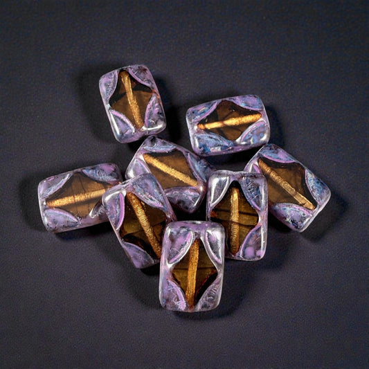 Czech Beads - 12x8mm Table-Cut Rectangle, Transparent Topaz with Purple Wash (TCDR3) * 8 Beads