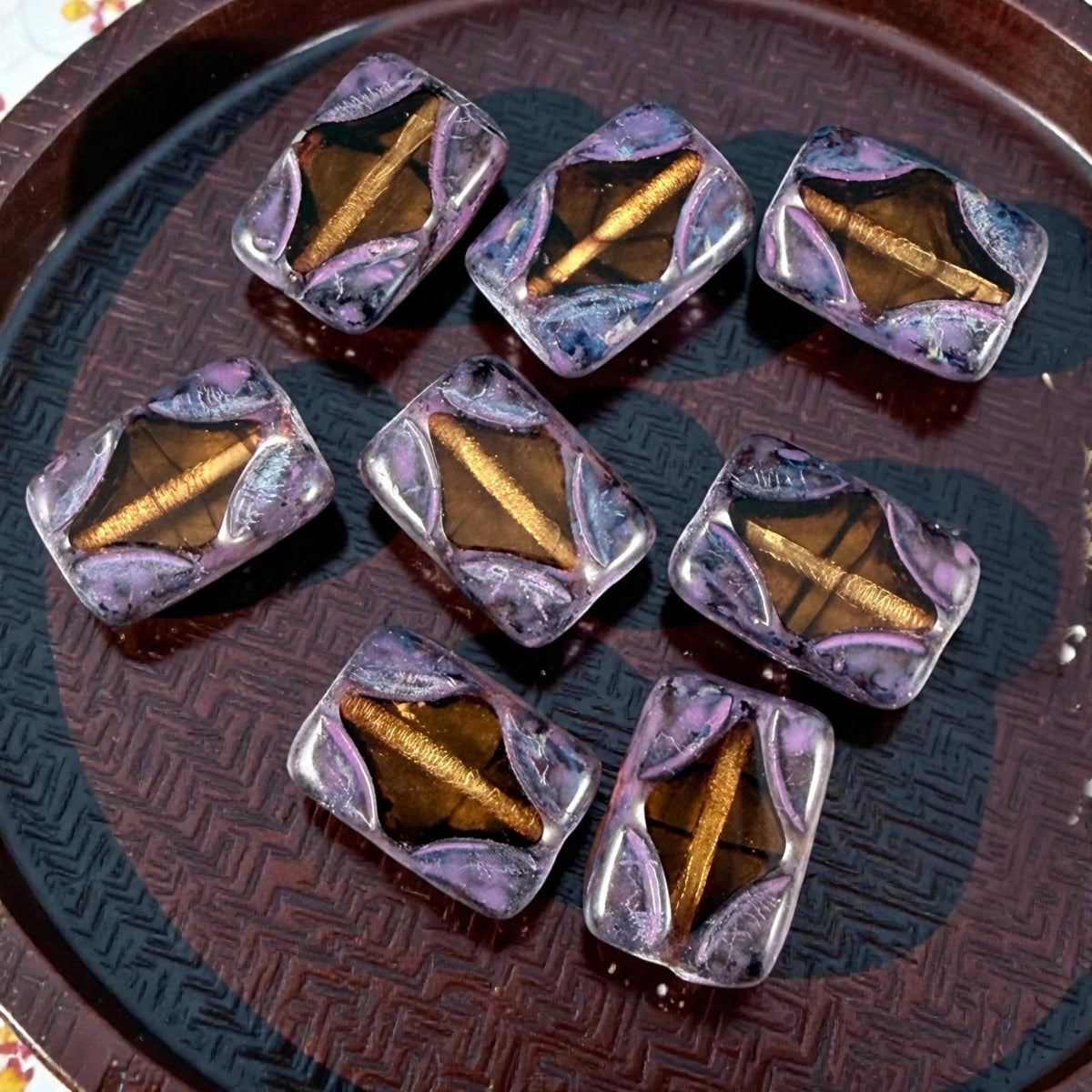Czech Beads - 12x8mm Table-Cut Rectangle, Transparent Topaz with Purple Wash (TCDR3) * 8 Beads