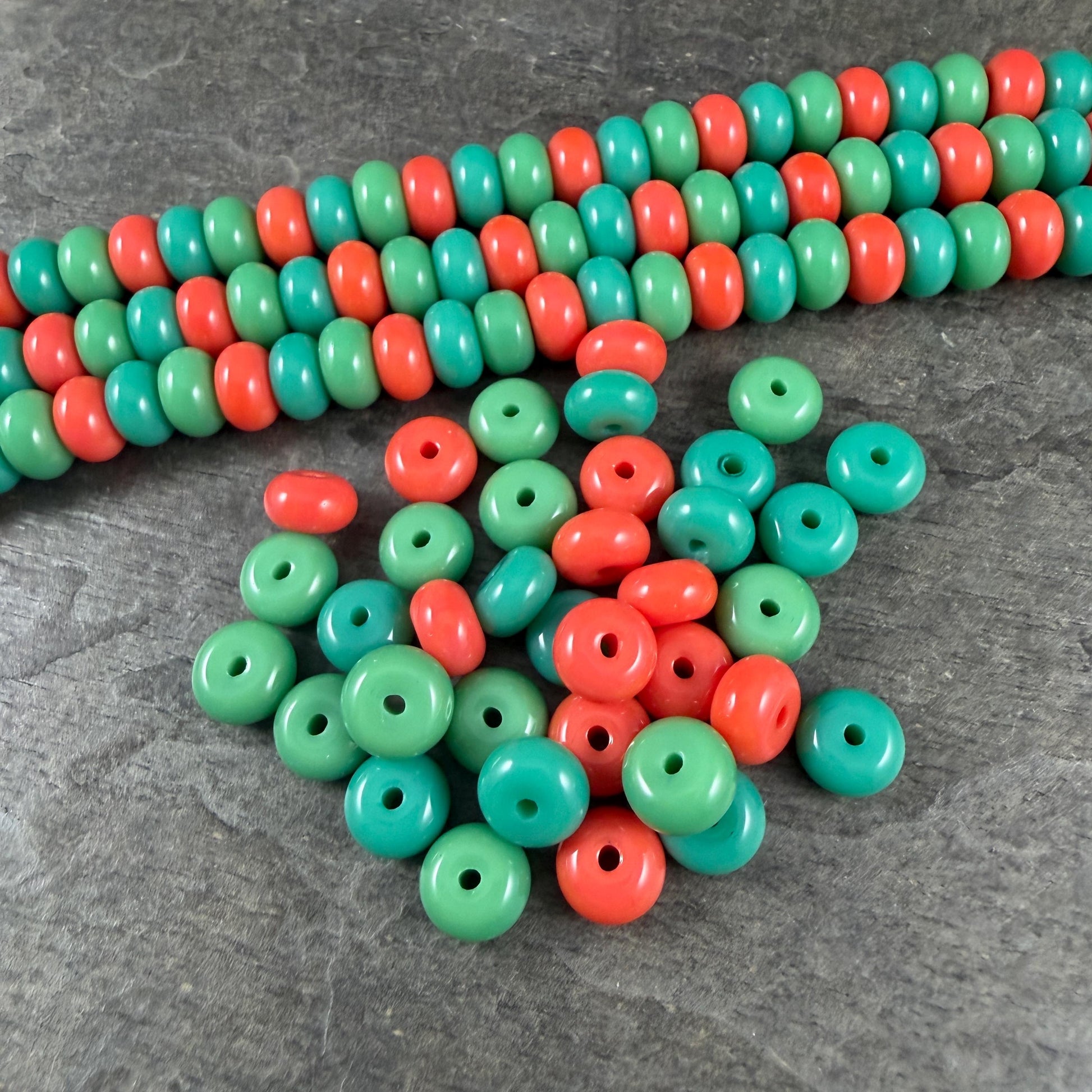 Glass Beads - 8x5mm Rondelles, Turquoise and Orange - 36 Beads
