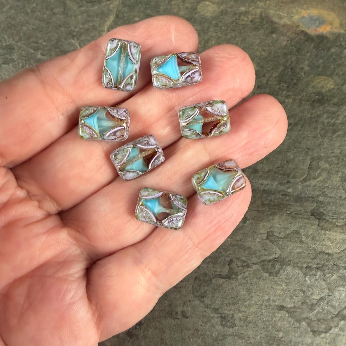 Czech Beads - 12x8mm Table-Cut Rectangle, Transparent and Sky Blue with Picasso (TCDR5) * 8 Beads