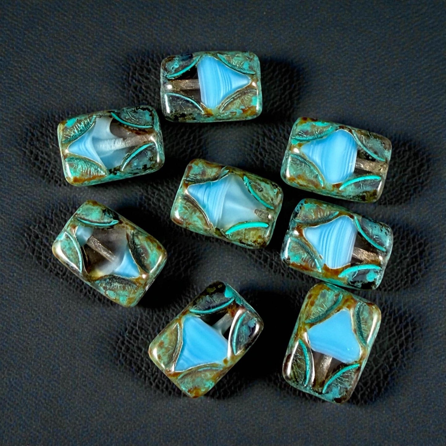 Czech Beads - 12x8mm Table-Cut Rectangle, Clear and Sky Blue with Travertine Picasso (TCDR2) * 8 Beads
