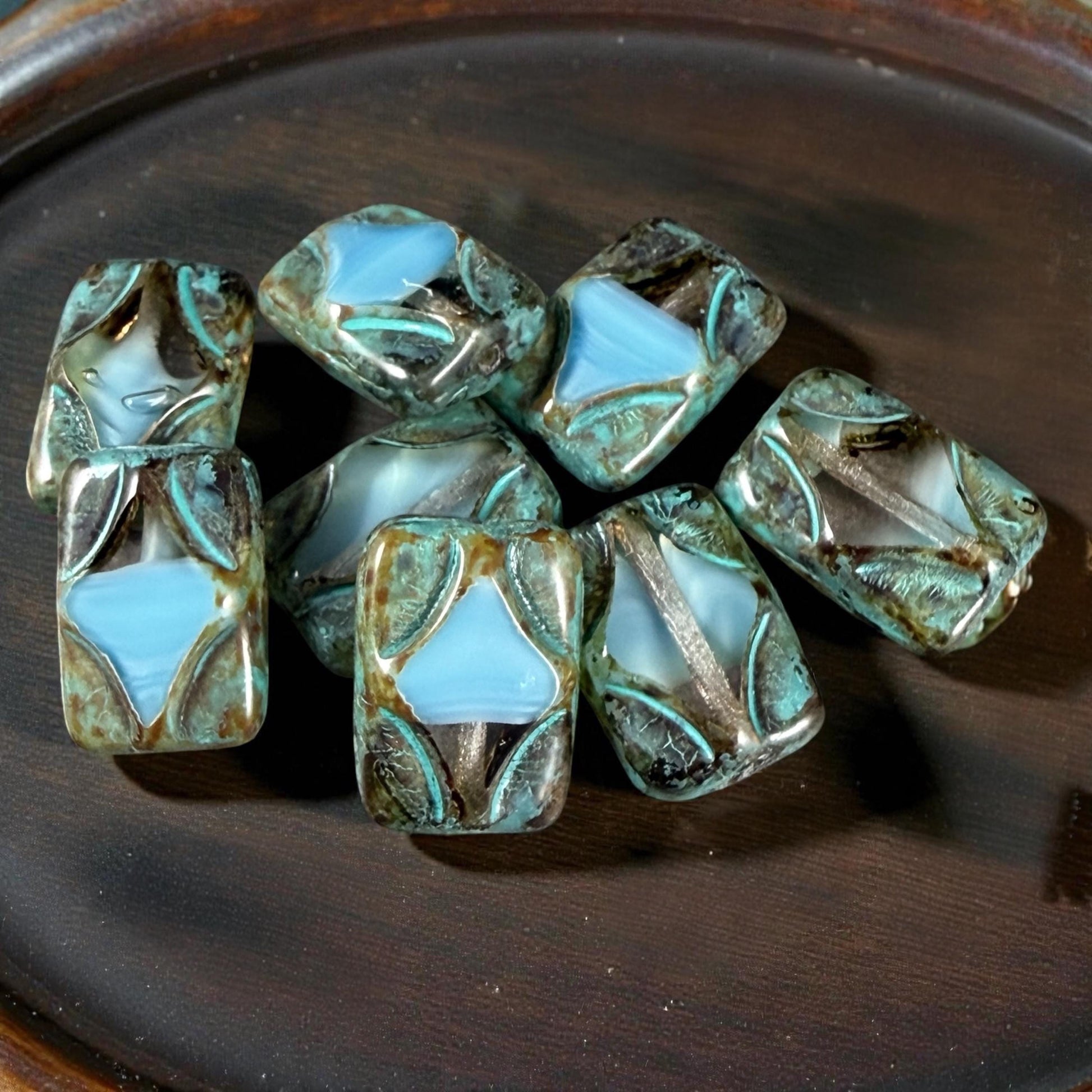 Czech Beads - 12x8mm Table-Cut Rectangle, Clear and Sky Blue with Travertine Picasso (TCDR2) * 8 Beads