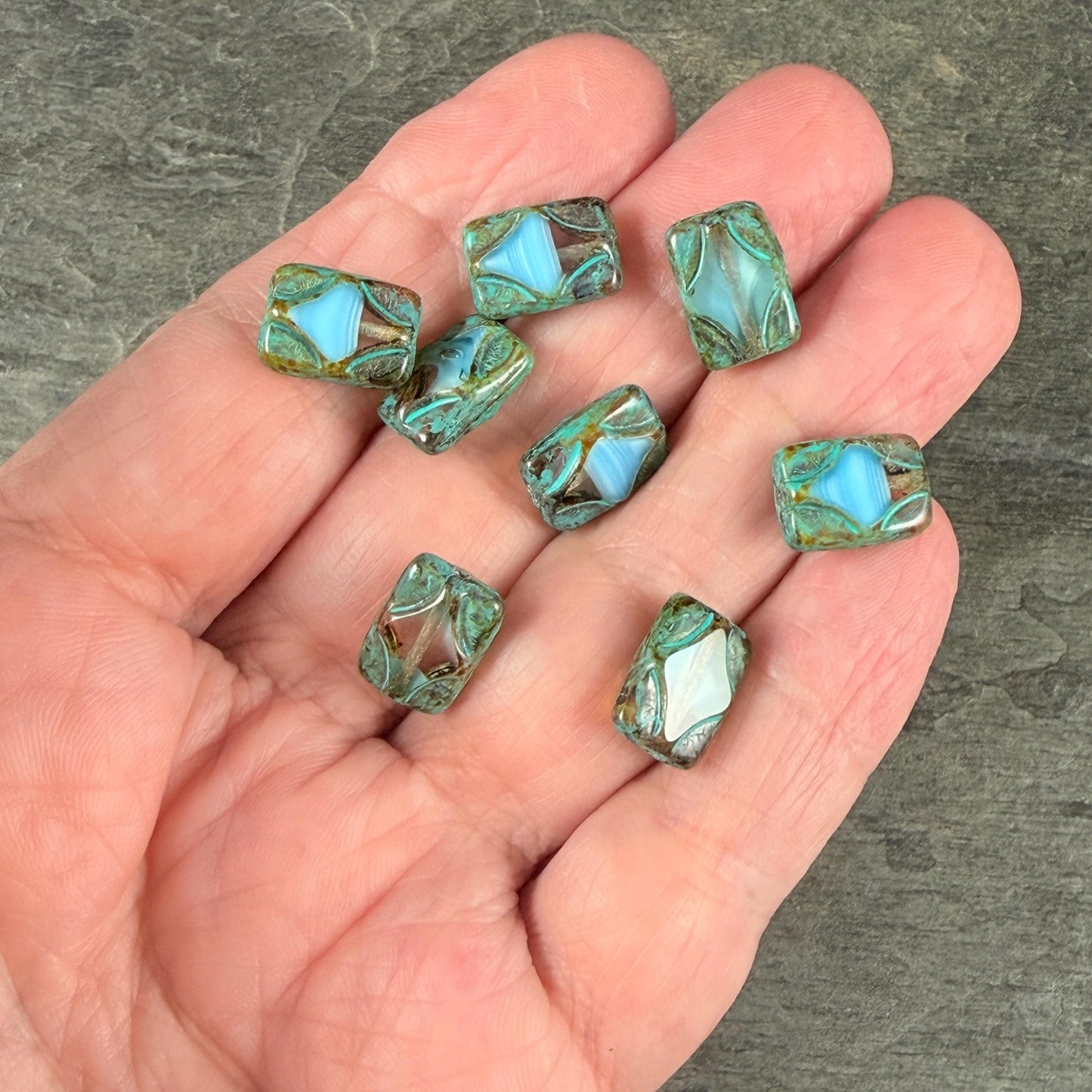 Czech Beads - 12x8mm Table-Cut Rectangle, Clear and Sky Blue with Travertine Picasso (TCDR2) * 8 Beads