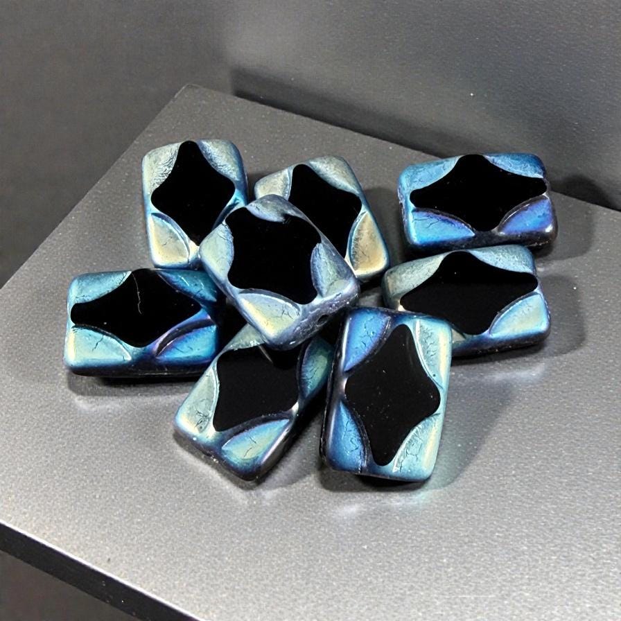 Czech Beads - 12x8mm Table-Cut Rectangle, Black with Full AB Picasso Finish (TCDR4) * 8 Beads