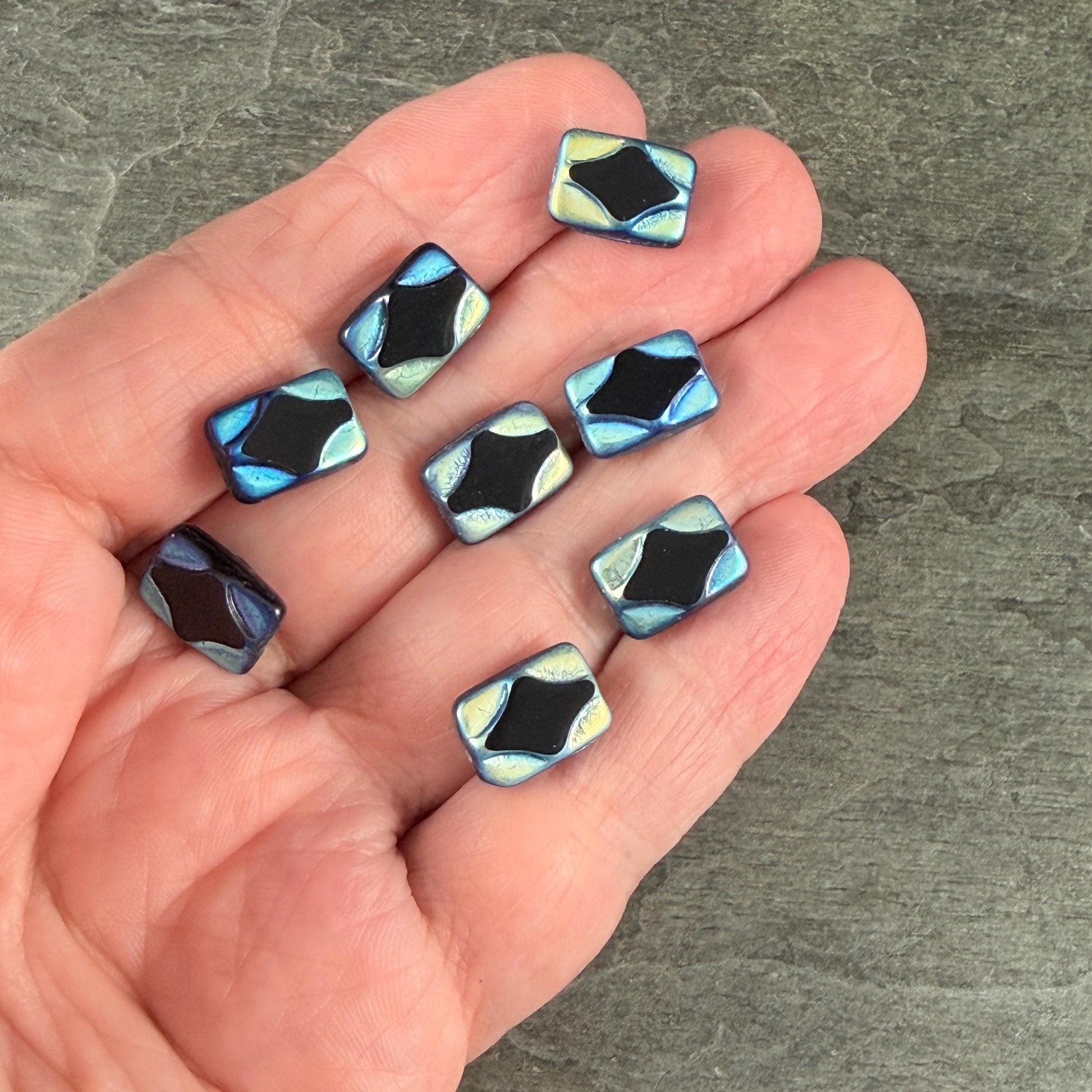 Czech Beads - 12x8mm Table-Cut Rectangle, Black with Full AB Picasso Finish (TCDR4) * 8 Beads