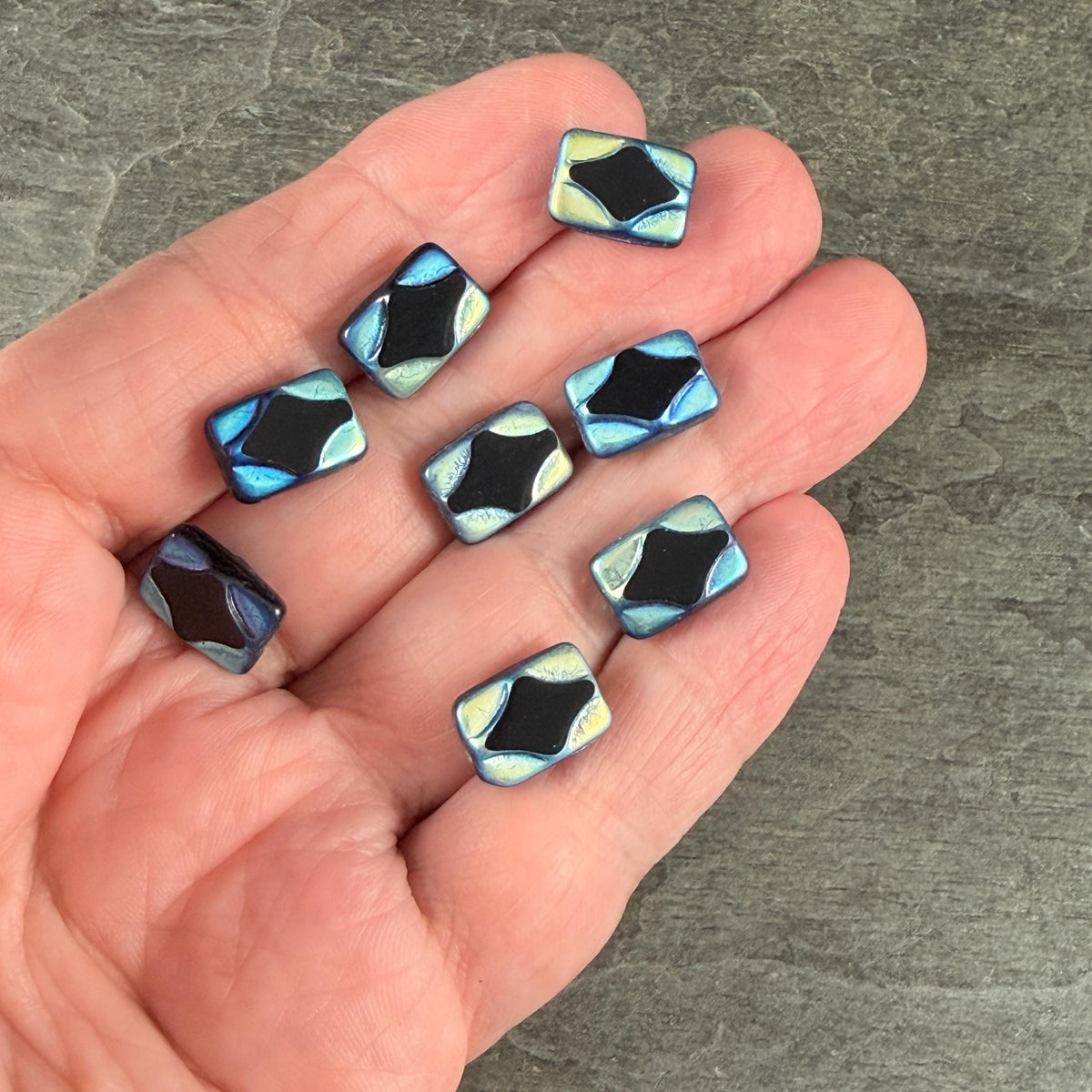 Czech Beads - 12x8mm Table-Cut Rectangle, Black with Full AB Picasso Finish (TCDR4) * 8 Beads