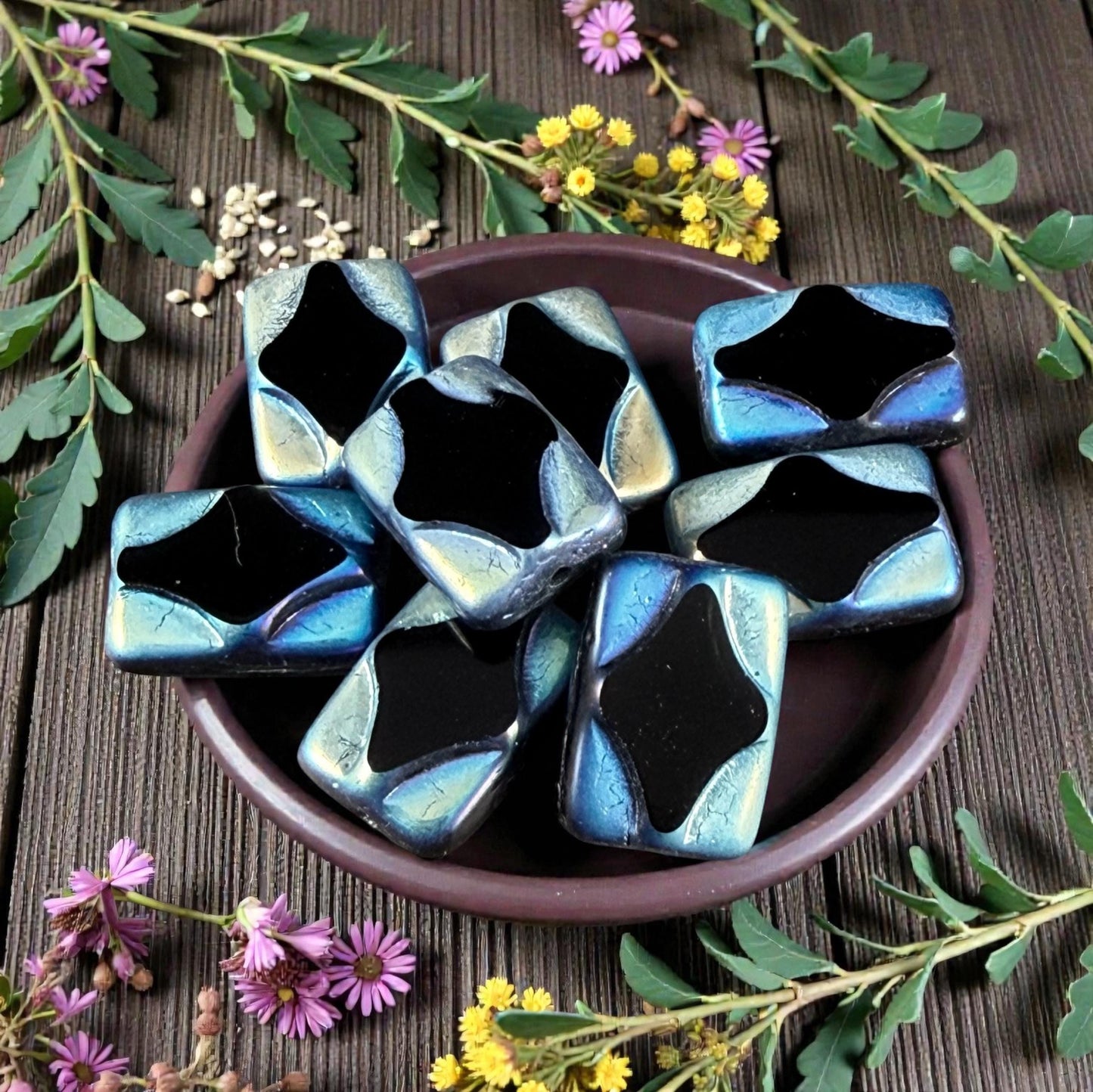 Czech Beads - 12x8mm Table-Cut Rectangle, Black with Full AB Picasso Finish (TCDR4) * 8 Beads