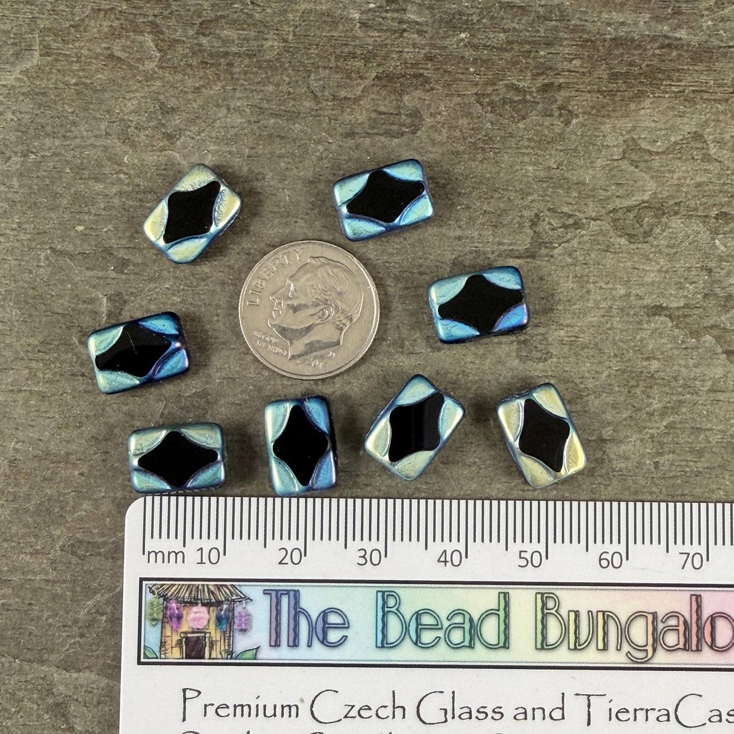 Czech Beads - 12x8mm Table-Cut Rectangle, Black with Full AB Picasso Finish (TCDR4) * 8 Beads