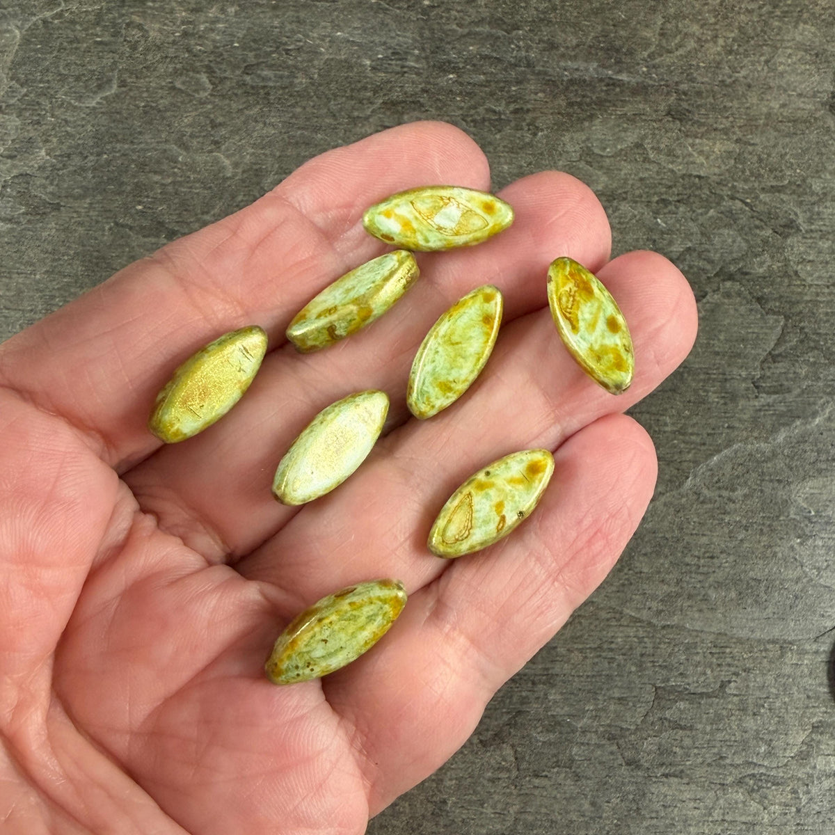 Czech Glass - 17x8mm Marquise Spindle Bead, Alabaster Moss Green Picasso (PSpndl-15) * 8 Beads