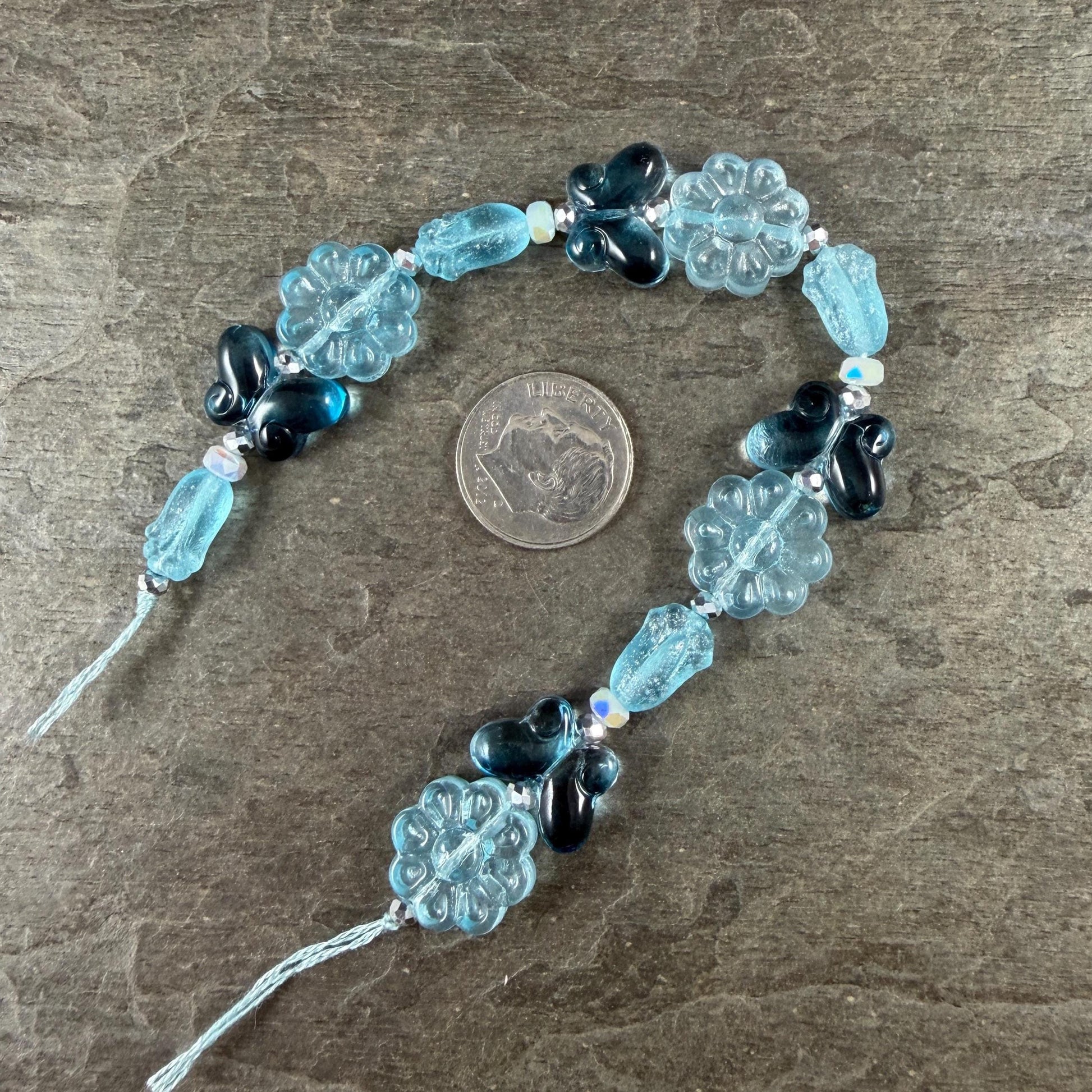 Exclusive Bead Bungalow Mix - Blue Butterflies and Flowers, Nature Theme Glass Beads (612.03) - 6.5" Strand