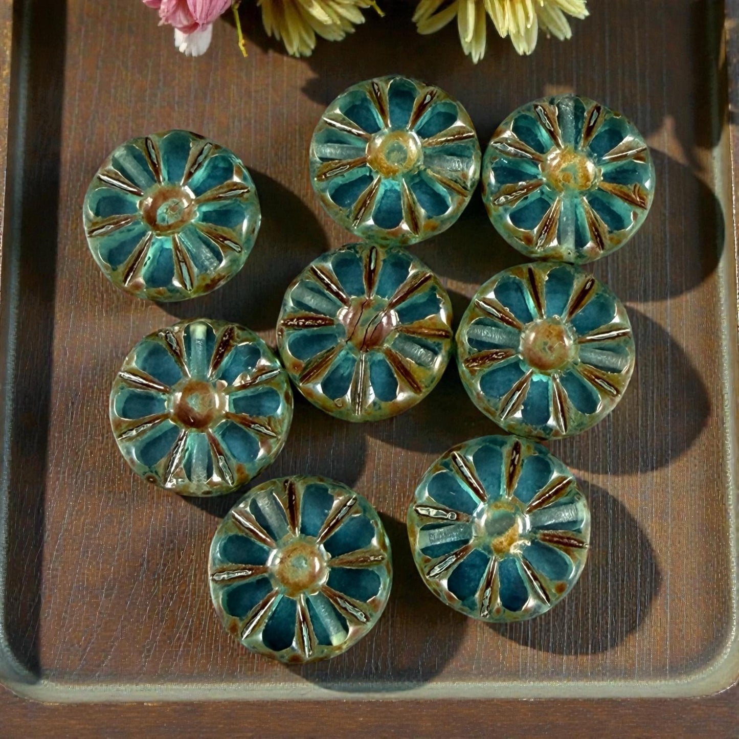 Czech Glass Beads, 12.5mm Table-Cut Coin, Dark Aqua with Travertine Picasso (TCF-66) * Qty. 8