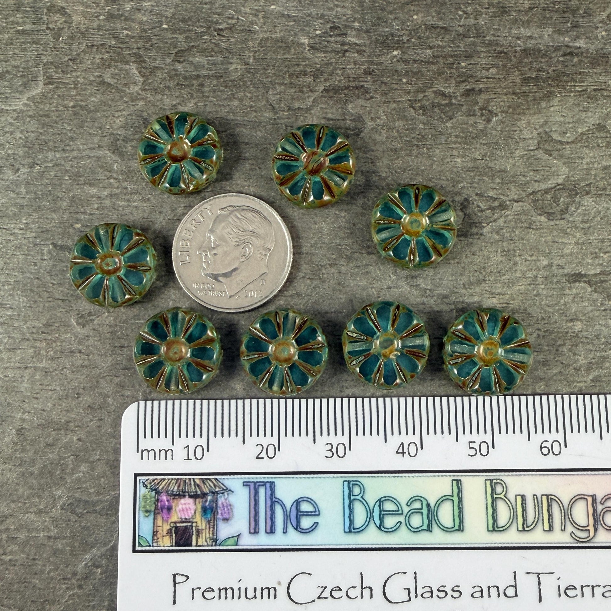 Czech Glass Beads, 12.5mm Table-Cut Coin, Dark Aqua with Travertine Picasso (TCF-66) * Qty. 8