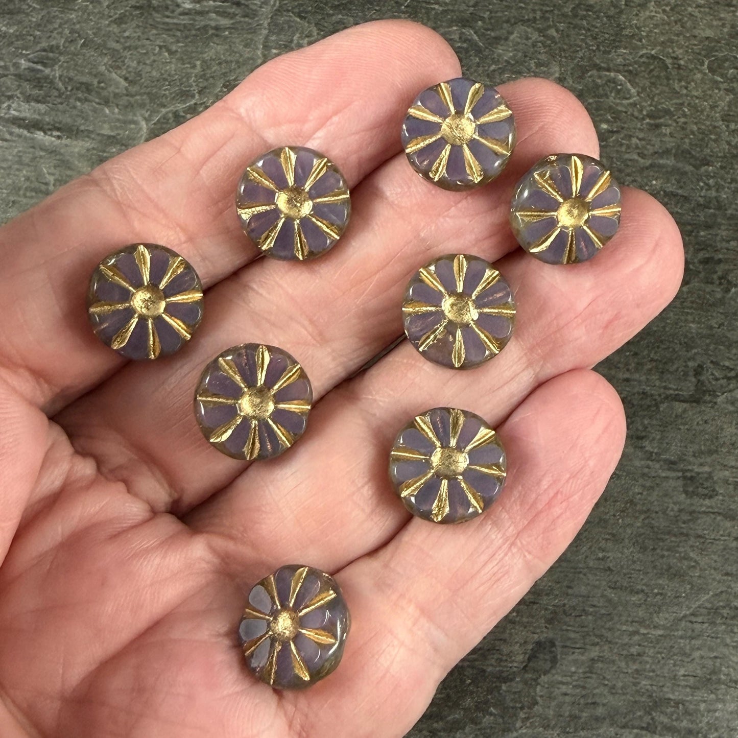 Czech Glass Beads, 12.5mm Table-Cut Coin, Milky Lavender with Gold Wash (TCF-67) * Qty. 8