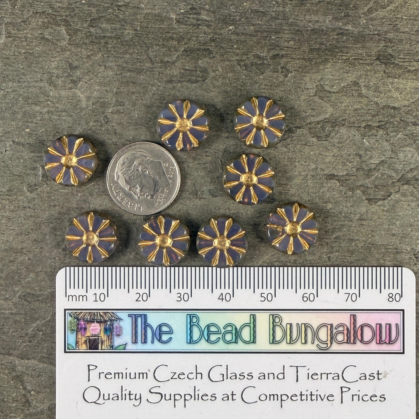 Czech Glass Beads, 12.5mm Table-Cut Coin, Milky Lavender with Gold Wash (TCF-67) * Qty. 8