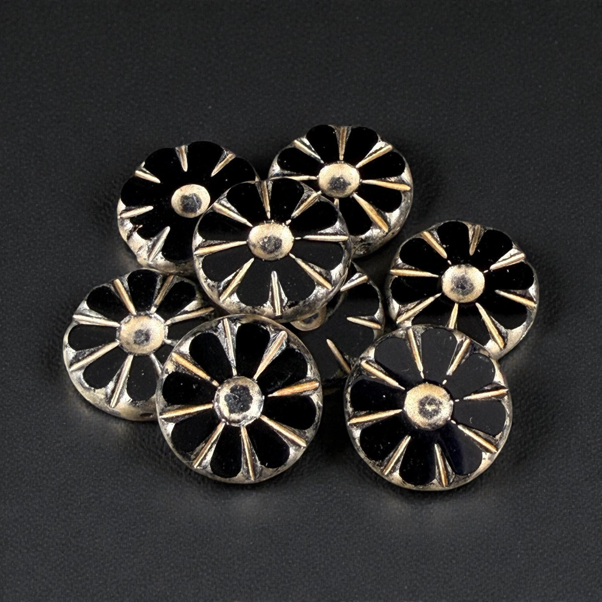 Czech Glass Beads, 12.5mm Table-Cut Coin, Black with Gold Wash (TCF-68) * Qty. 8