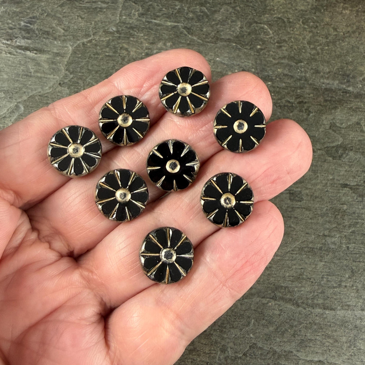 Czech Glass Beads, 12.5mm Table-Cut Coin, Black with Gold Wash (TCF-68) * Qty. 8