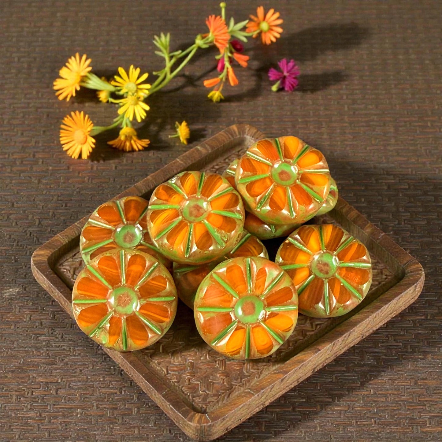 Czech Glass Beads, 12.5mm Table-Cut Coin, Orange Opaline with Moss Green Wash (TCF-70) * Qty. 8