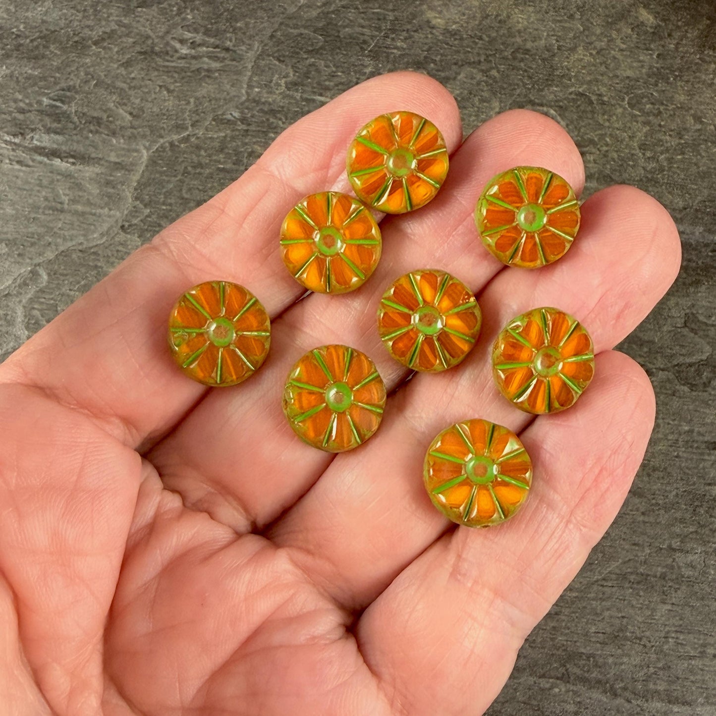 Czech Glass Beads, 12.5mm Table-Cut Coin, Orange Opaline with Moss Green Wash (TCF-70) * Qty. 8