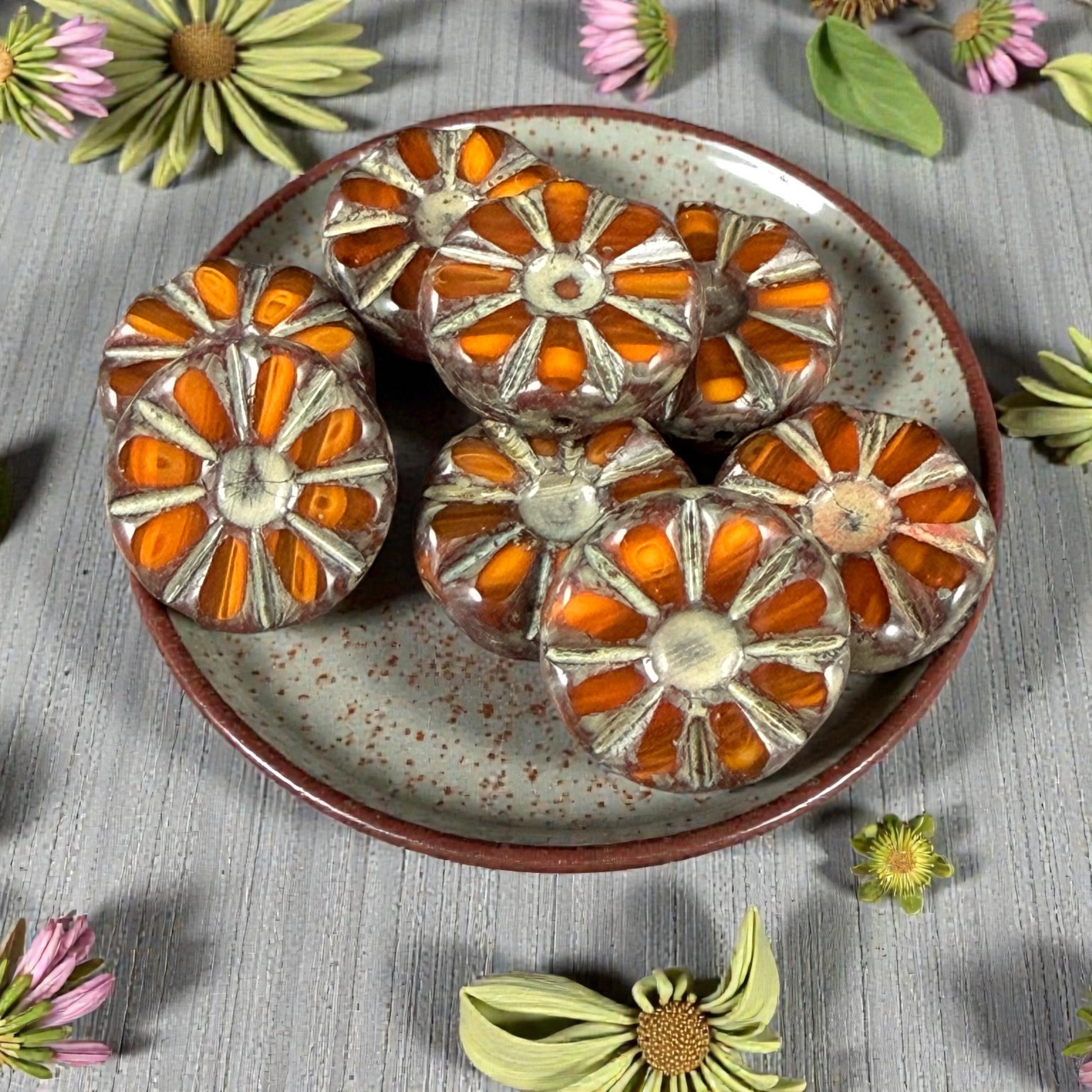 Czech Glass Beads, 12.5mm Table-Cut Coin, Rust and Orange with Travertine Picasso (TCF-72) * Qty. 8