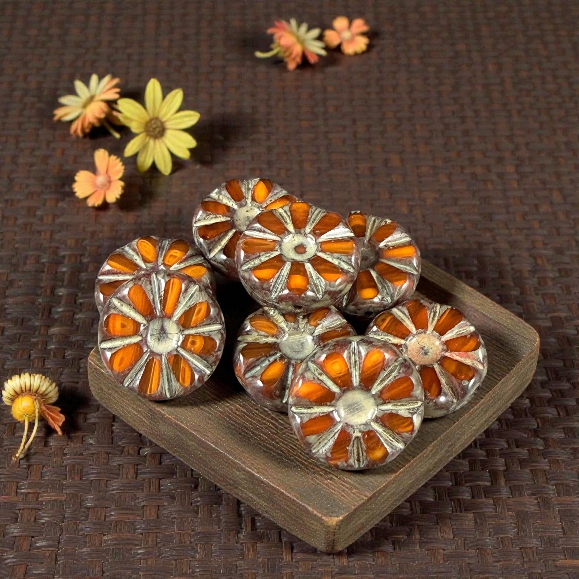 Czech Glass Beads, 12.5mm Table-Cut Coin, Rust and Orange with Travertine Picasso (TCF-72) * Qty. 8
