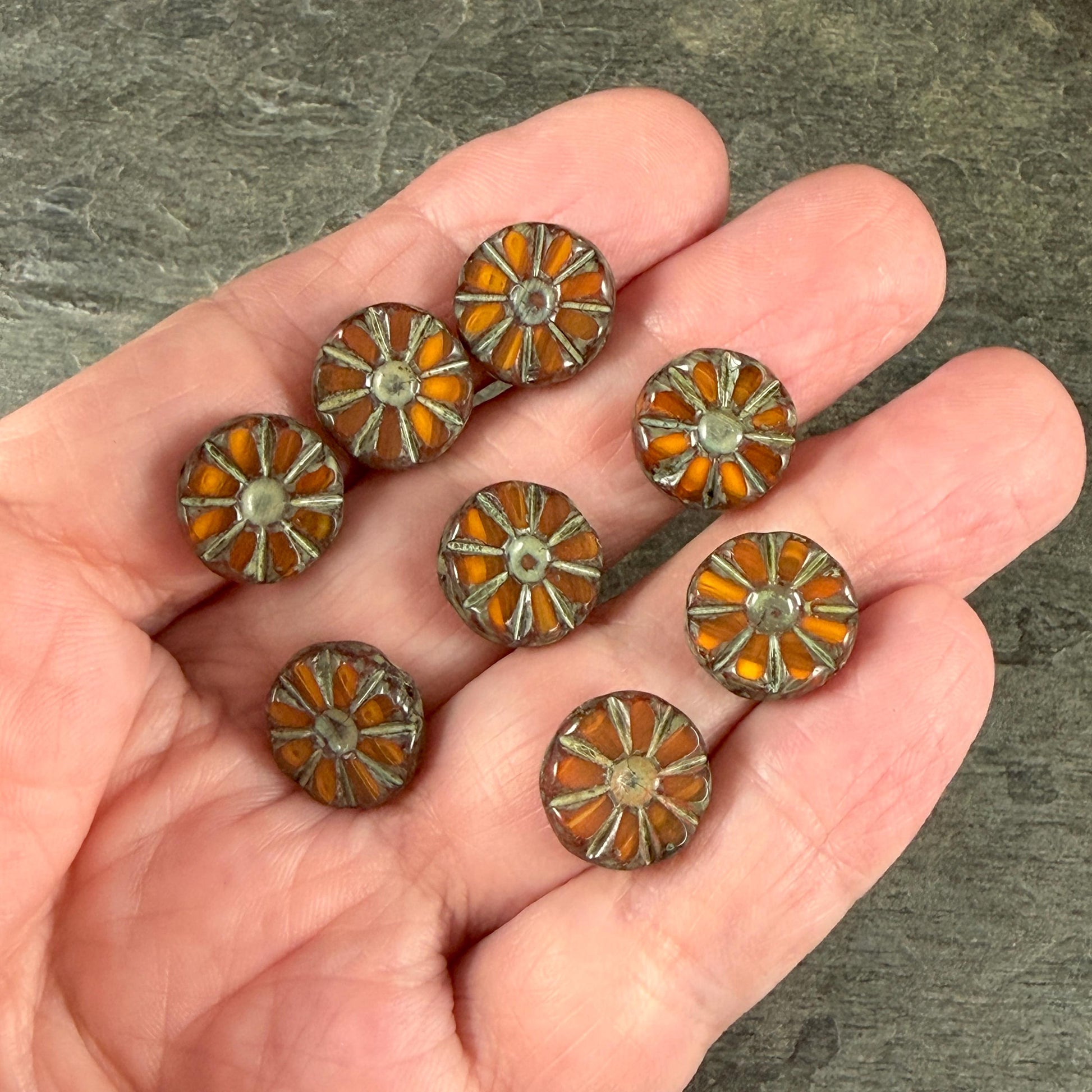 Czech Glass Beads, 12.5mm Table-Cut Coin, Rust and Orange with Travertine Picasso (TCF-72) * Qty. 8